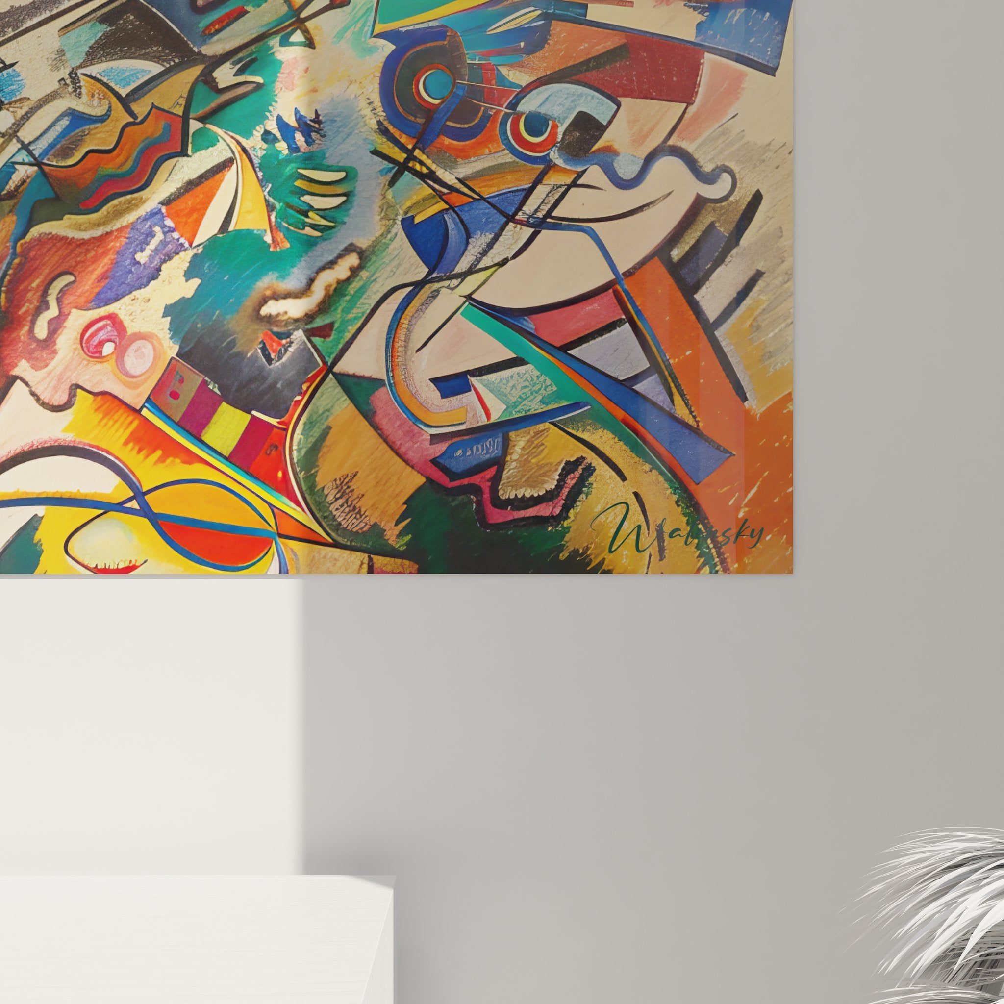 Vue d'ensemble composition abstraite géométrique avec lignes dynamiques et palette chromatique riche