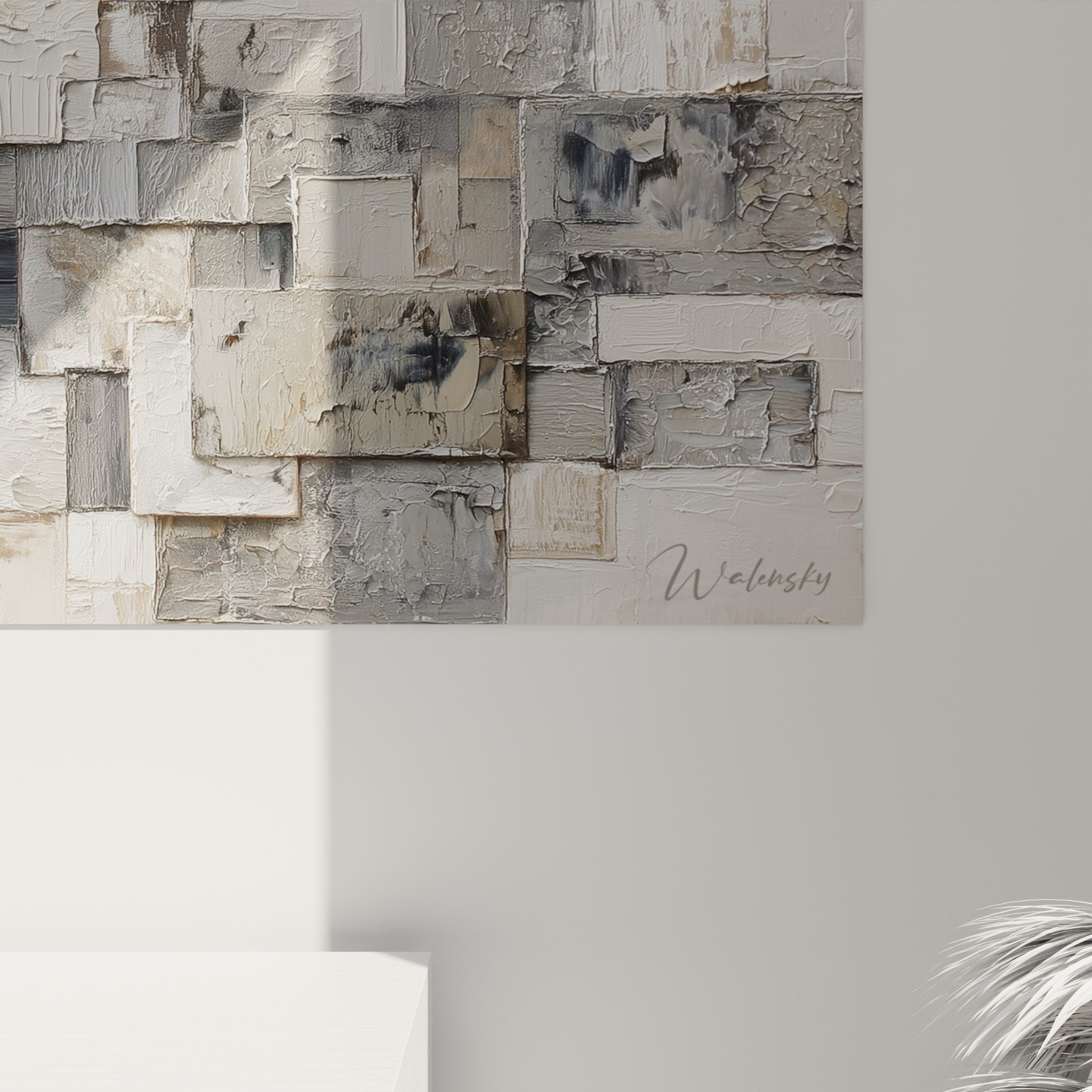 overhead view panoramic wall art geometric cubes gray white abstract wall composition