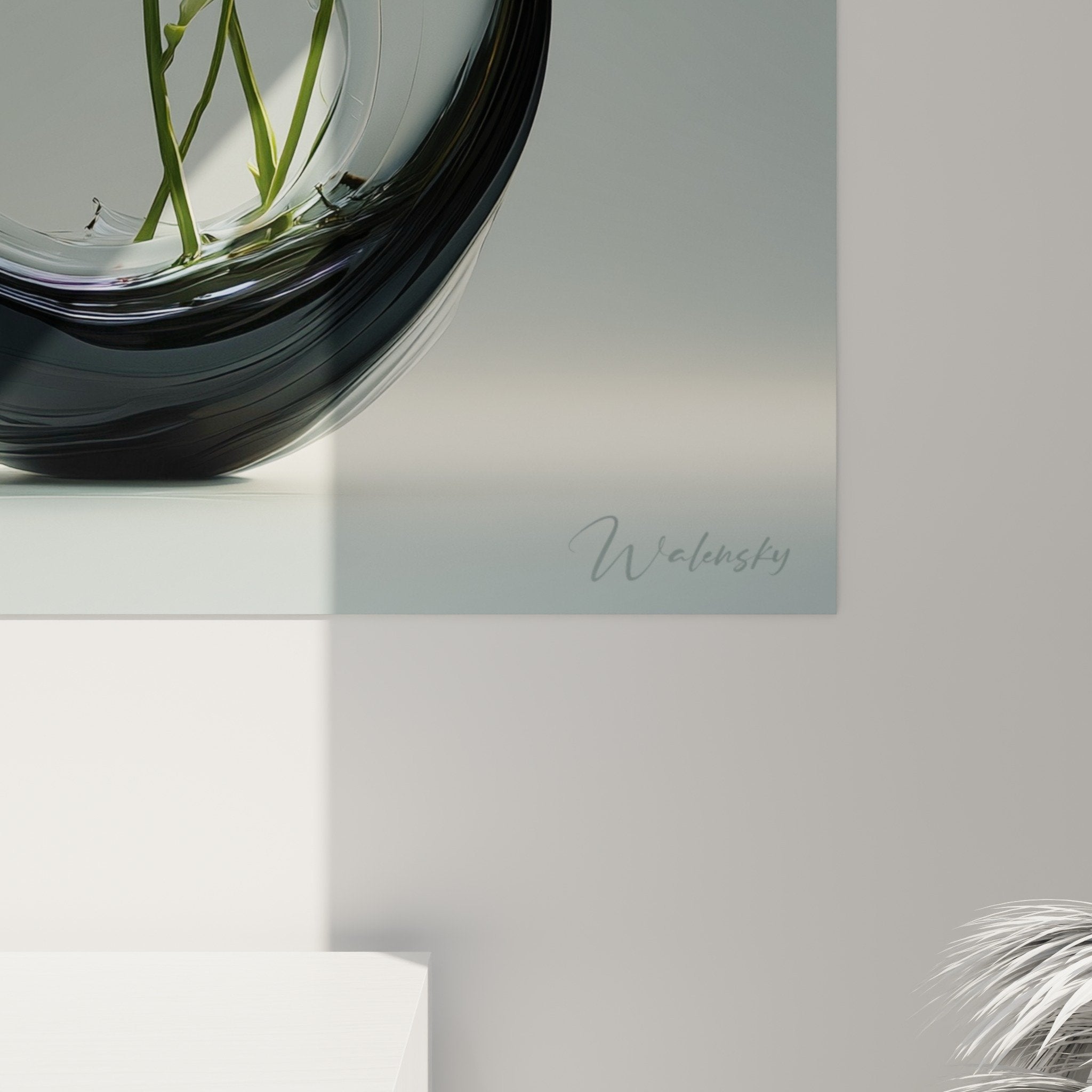 Zen floral composition overview black lunar vase and white lilies - ikebana wall decoration