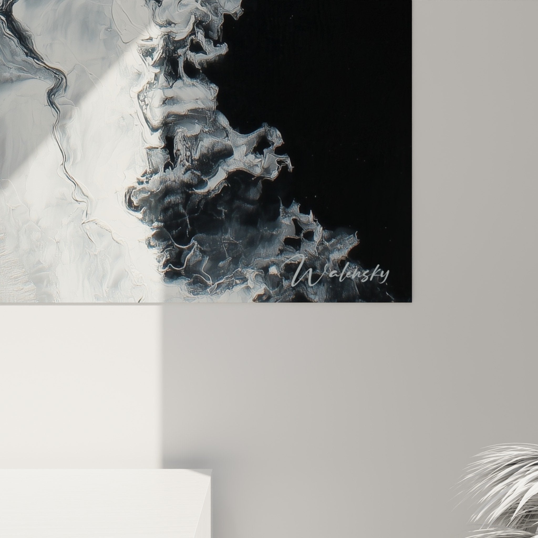 Overhead view of fluid abstract composition, organic white-gray-black movements, contemporary feng shui style