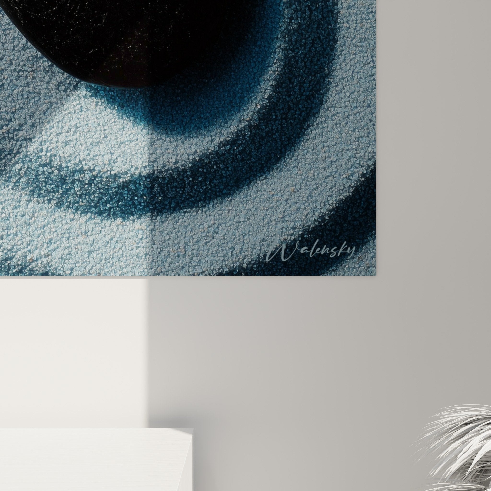 Vue d'ensemble tableau zen pierres equilibre sable bleu gris ondulations cercles concentriques