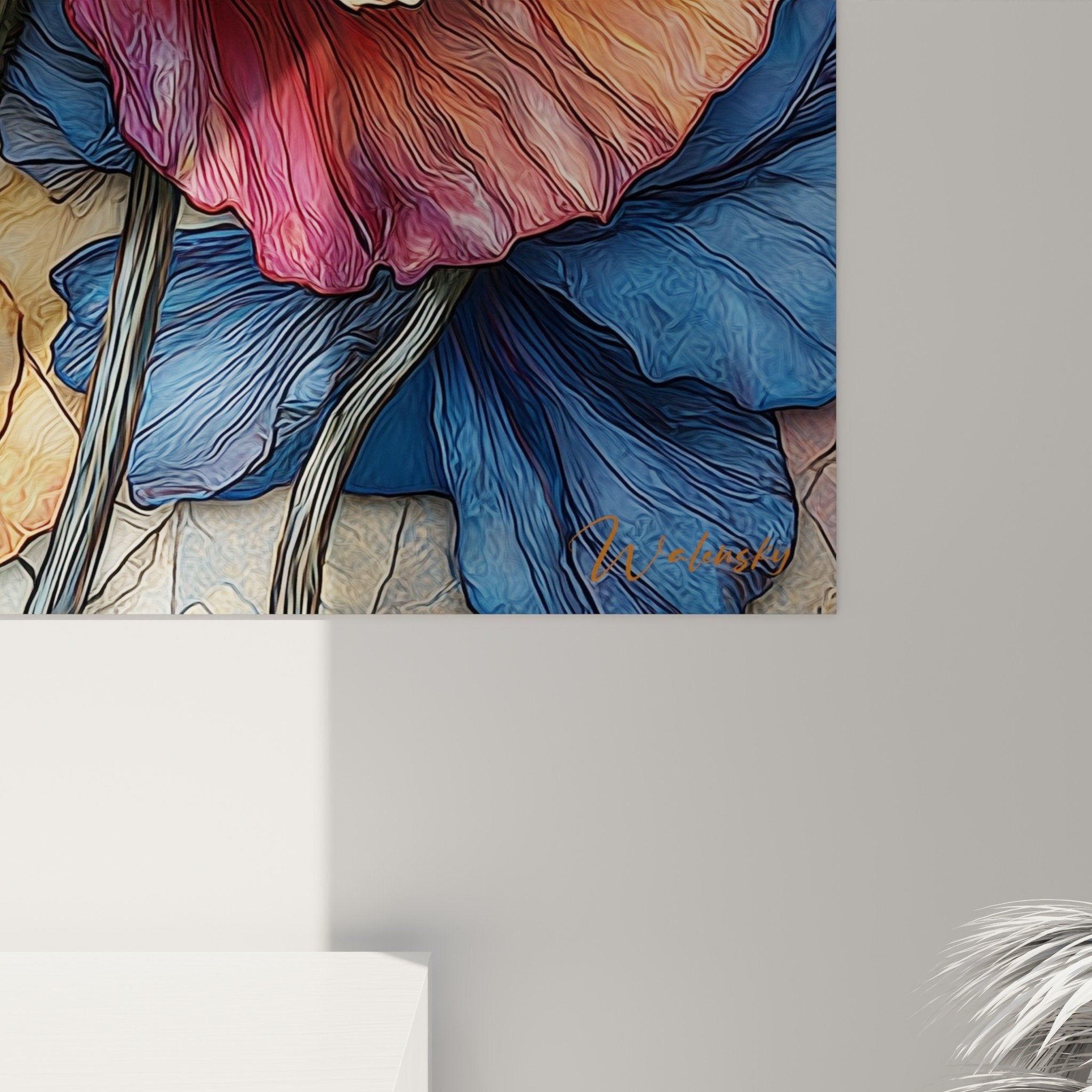 Full view of colorful poppy wall art modern interior decoration, stylized yellow red blue flower contemporary wall decor