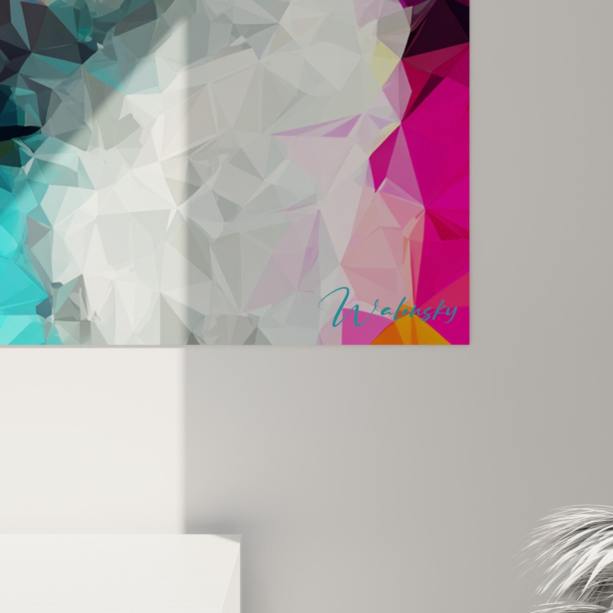 Vue d'ensemble tableau mural Coton de Tuléar art géométrique dans intérieur contemporain