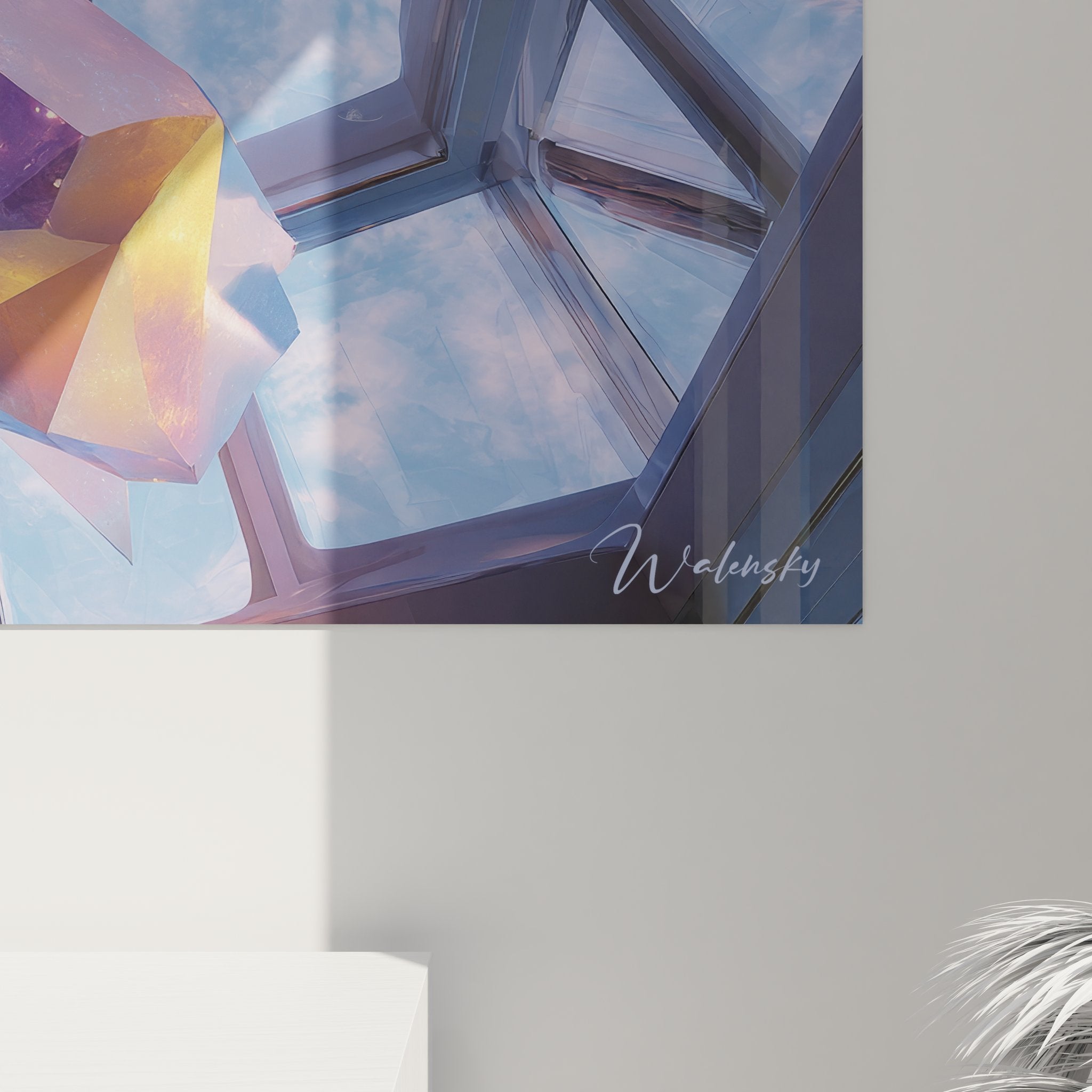 Vue ensemble tableau mural cristaux géométriques décoration architecture contemporaine