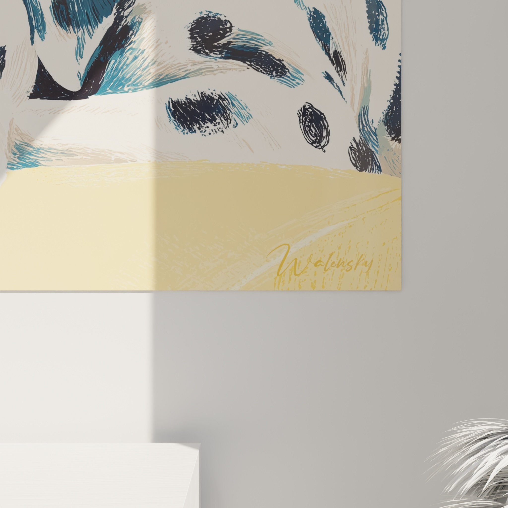 Vue d'ensemble tableau dalmatien endormi, palette bleu turquoise et or, art mural contemporain