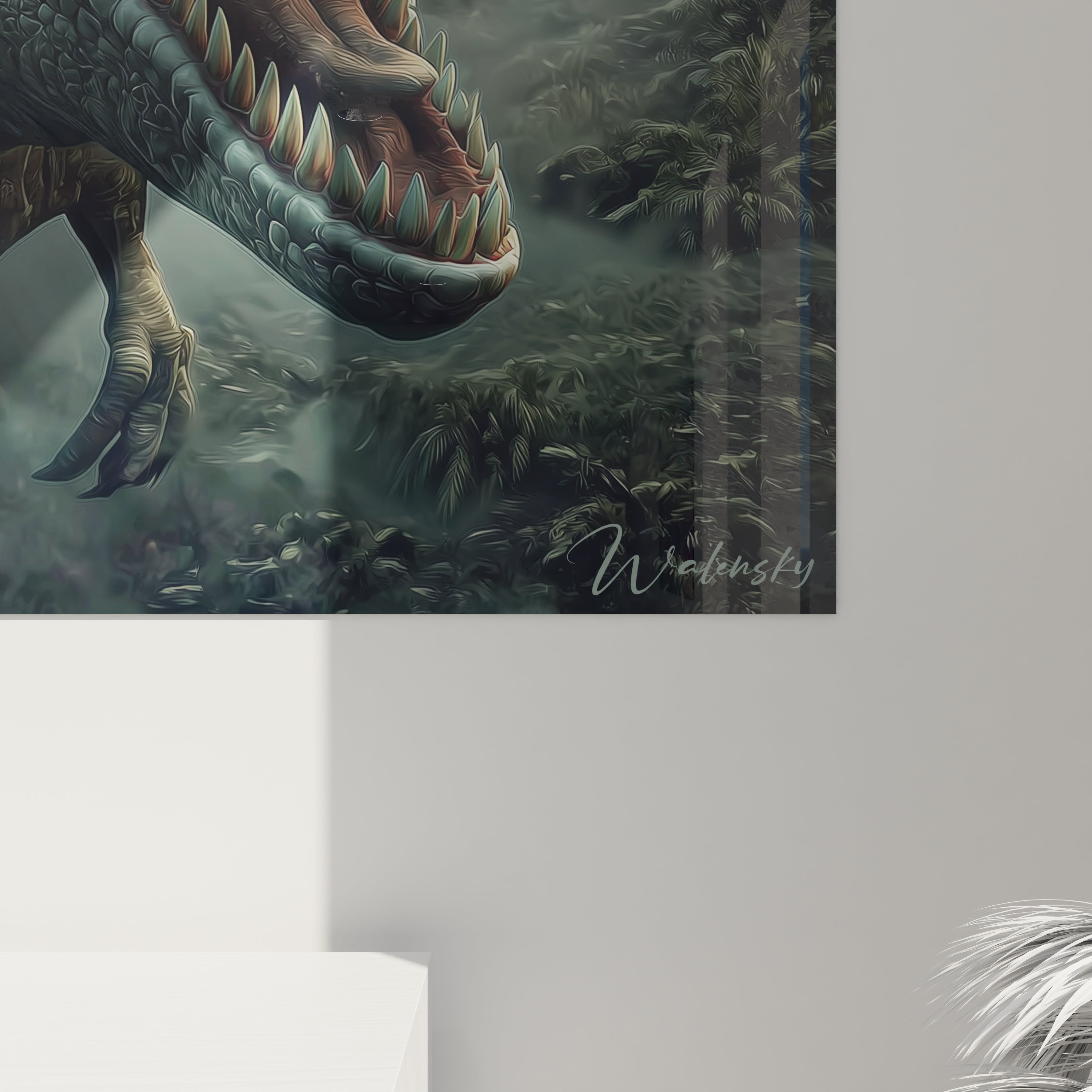 Vue ensemble tableau dinosaures géants mésozoïque trois spécimens rugissants décoration murale paléontologie