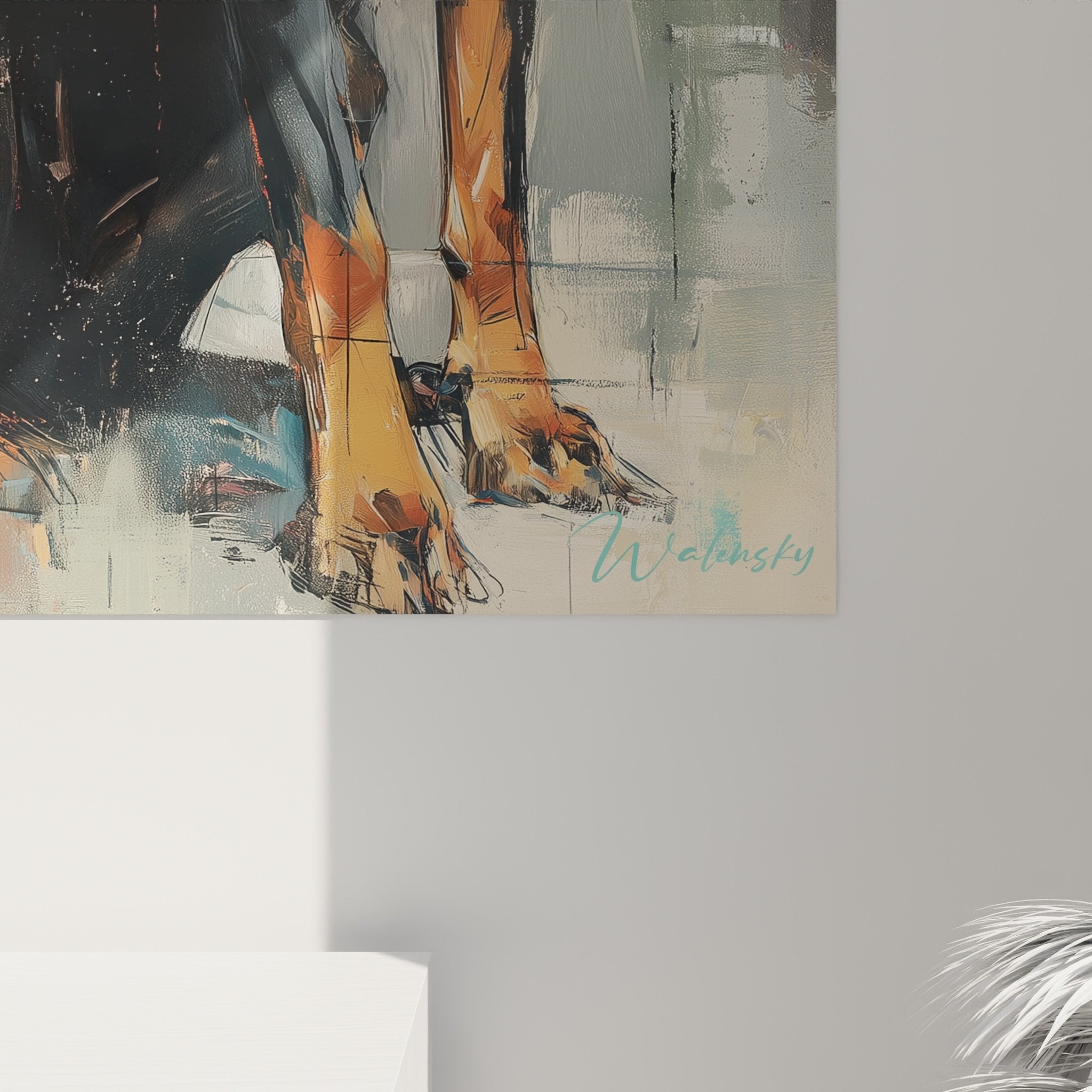 Vista generale quadro Doberman contemporaneo con sfondo geometrico colorato turchese beige