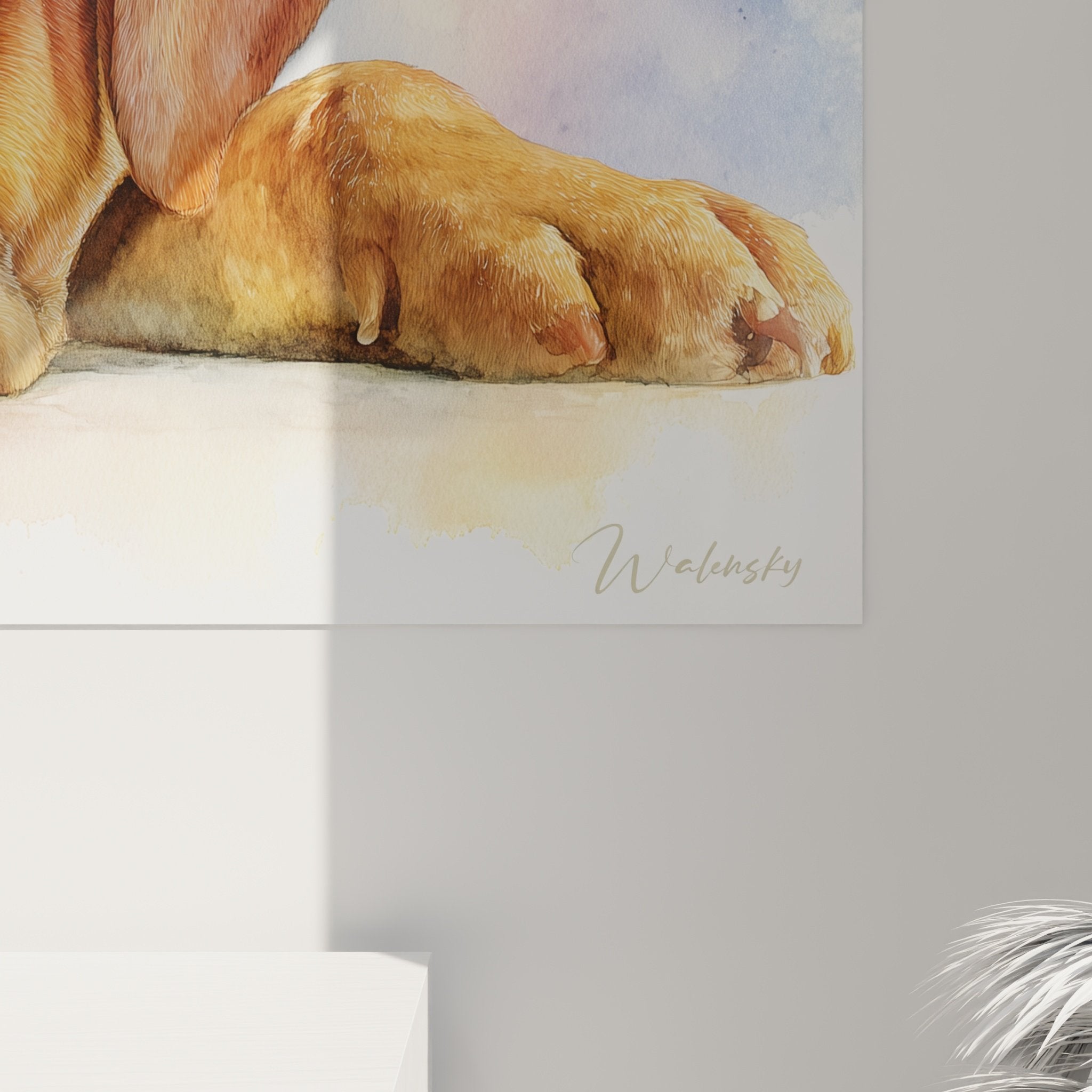 Vue ensemble tableau dogue de bordeaux aquarelle dans salon contemporain decoration chaleureuse