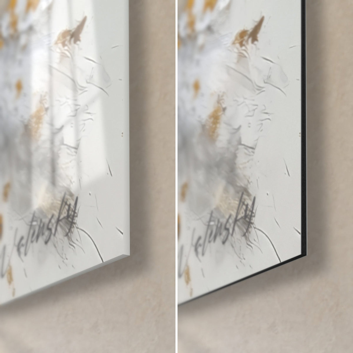 Tableau éclaboussures d'or épais, coin bas droit, verre acrylique brillant à gauche, Dibond mat à droite