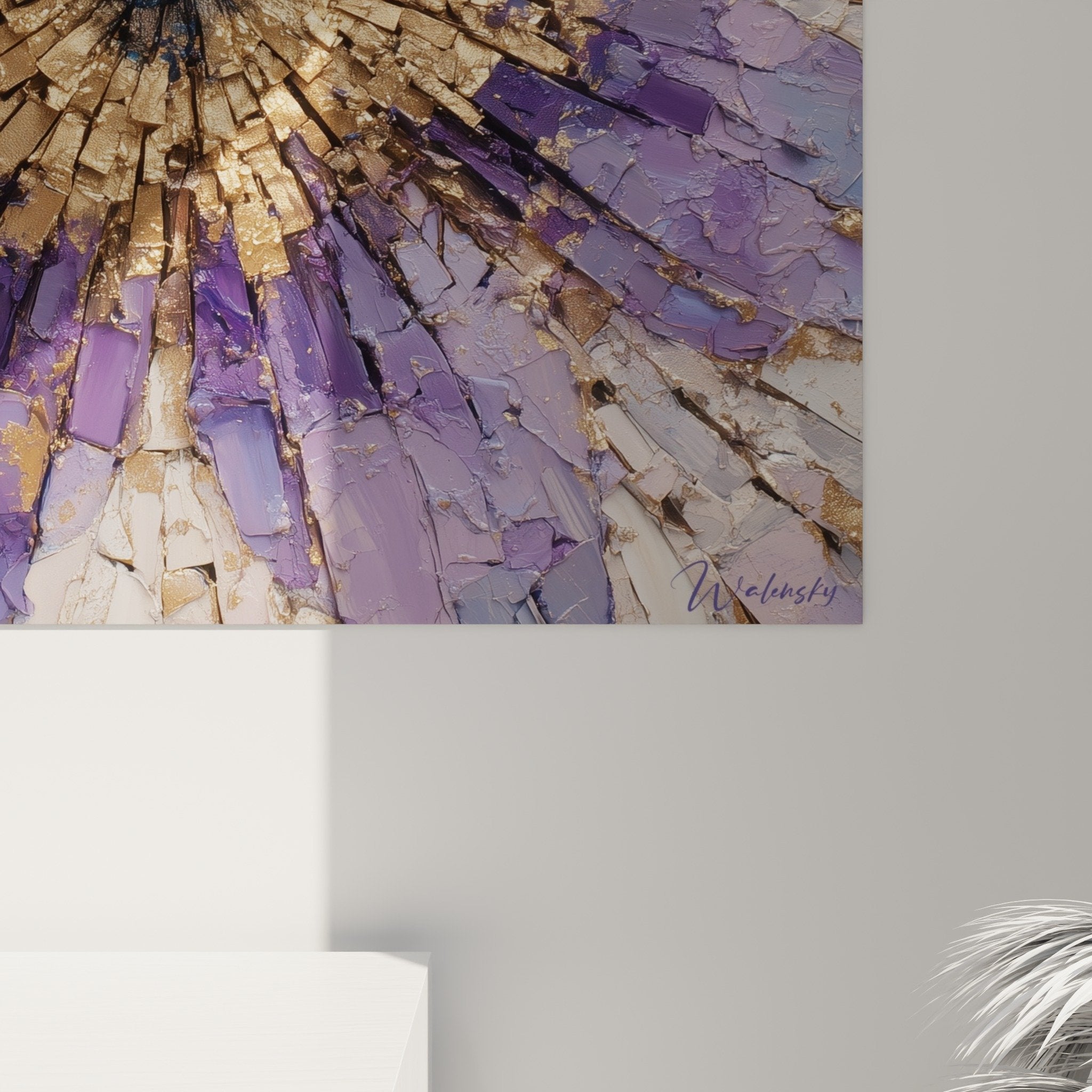 Full view purple and gold explosion artwork on white wall contemporary feng shui wall decor