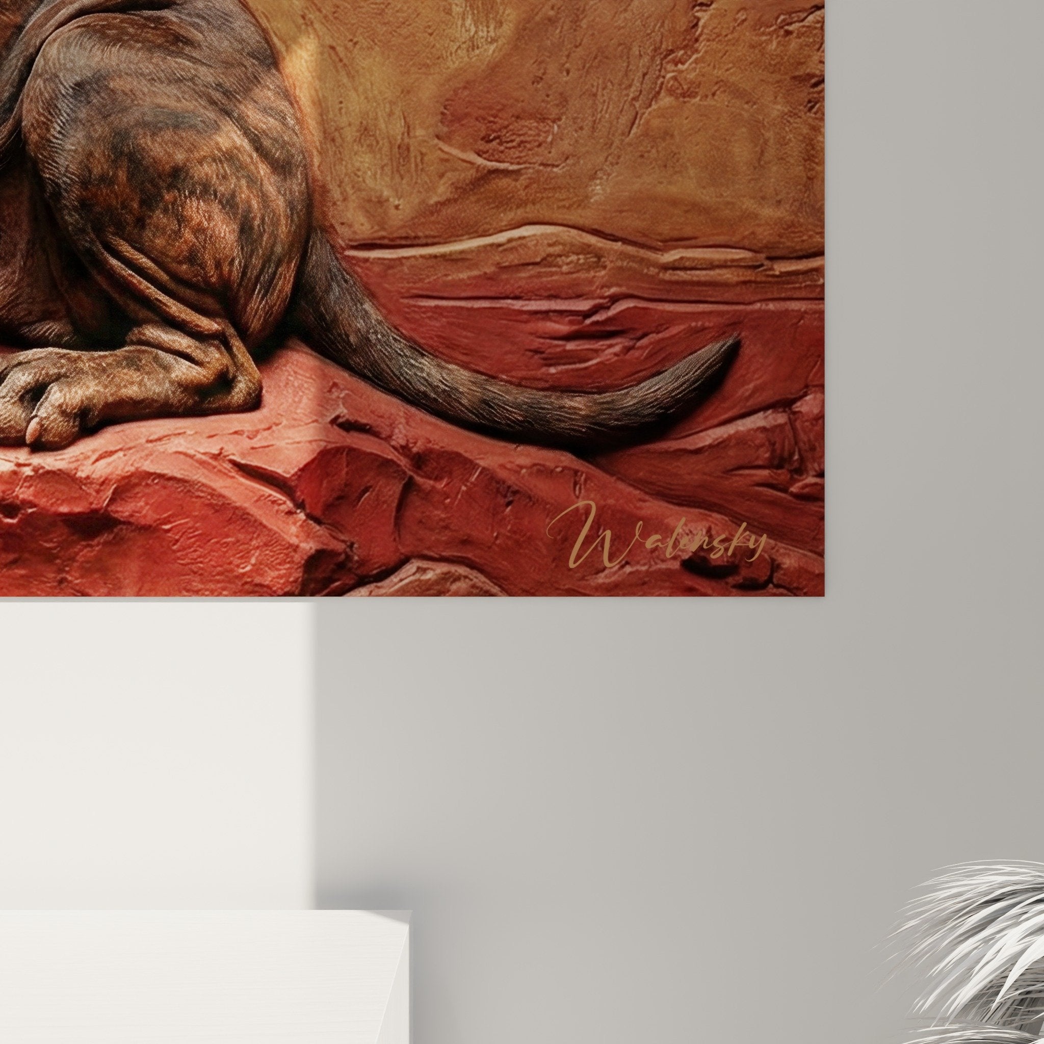 Vue d'ensemble tableau Fila Brasileiro sur formation rocheuse, palette chromatique ocre dorée et rouge brique naturelle