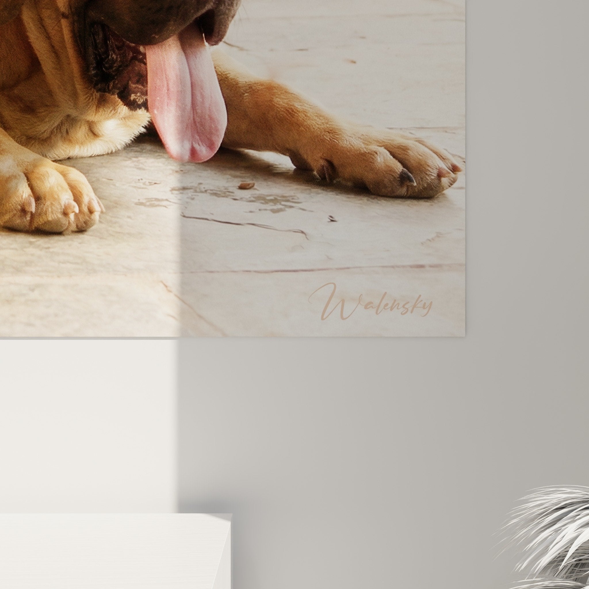 Overview of Fila Brasileiro wall art on terrace, balanced composition between animal and Mediterranean vegetation