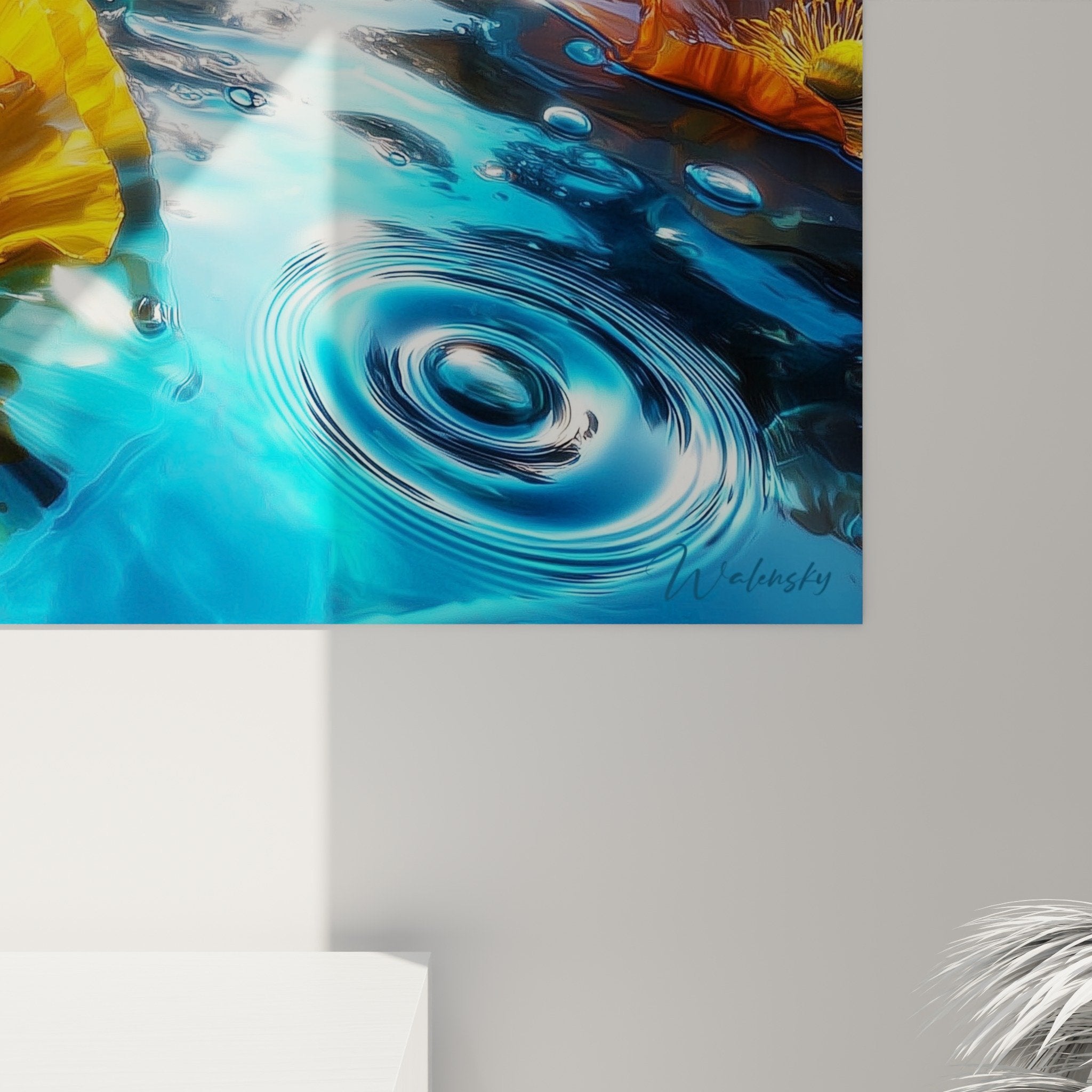 Overview of aquatic floral composition with golden poppies on blue water with luminous effects