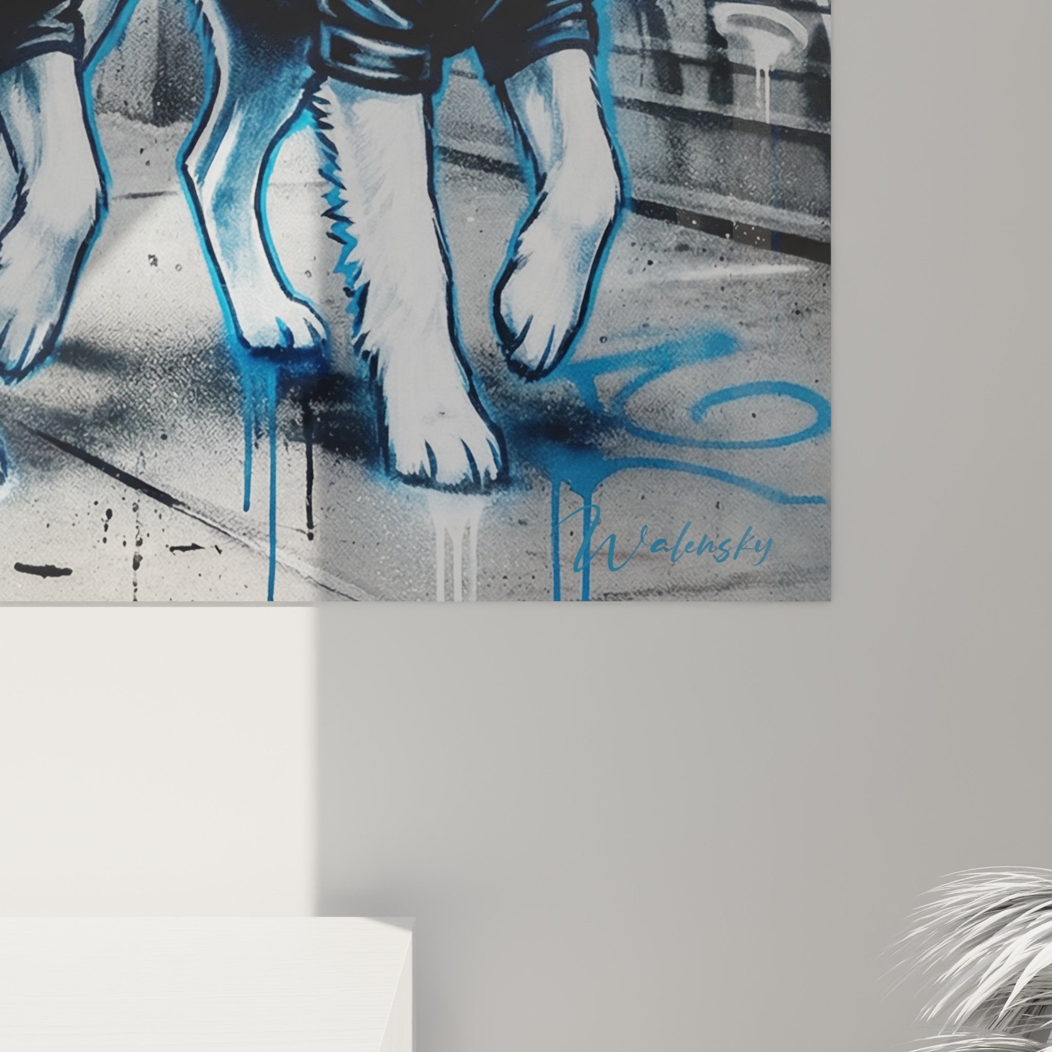 Vue d'ensemble tableau Fox Terrier motards décor urbain art mural canin contemporain