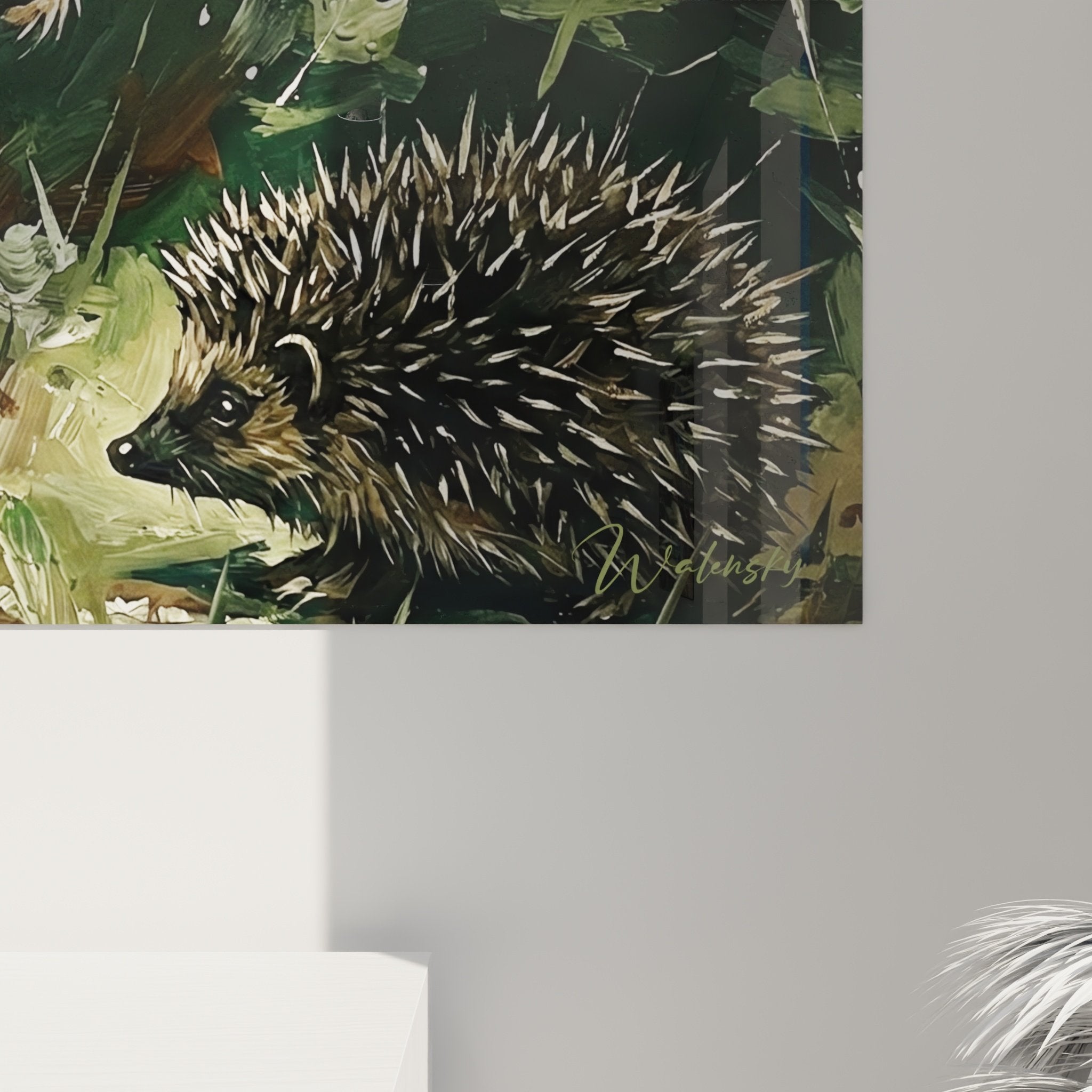 Vue d'ensemble tableau fox terrier et hérisson, scène forestière tons verts bruns, art animalier expressif