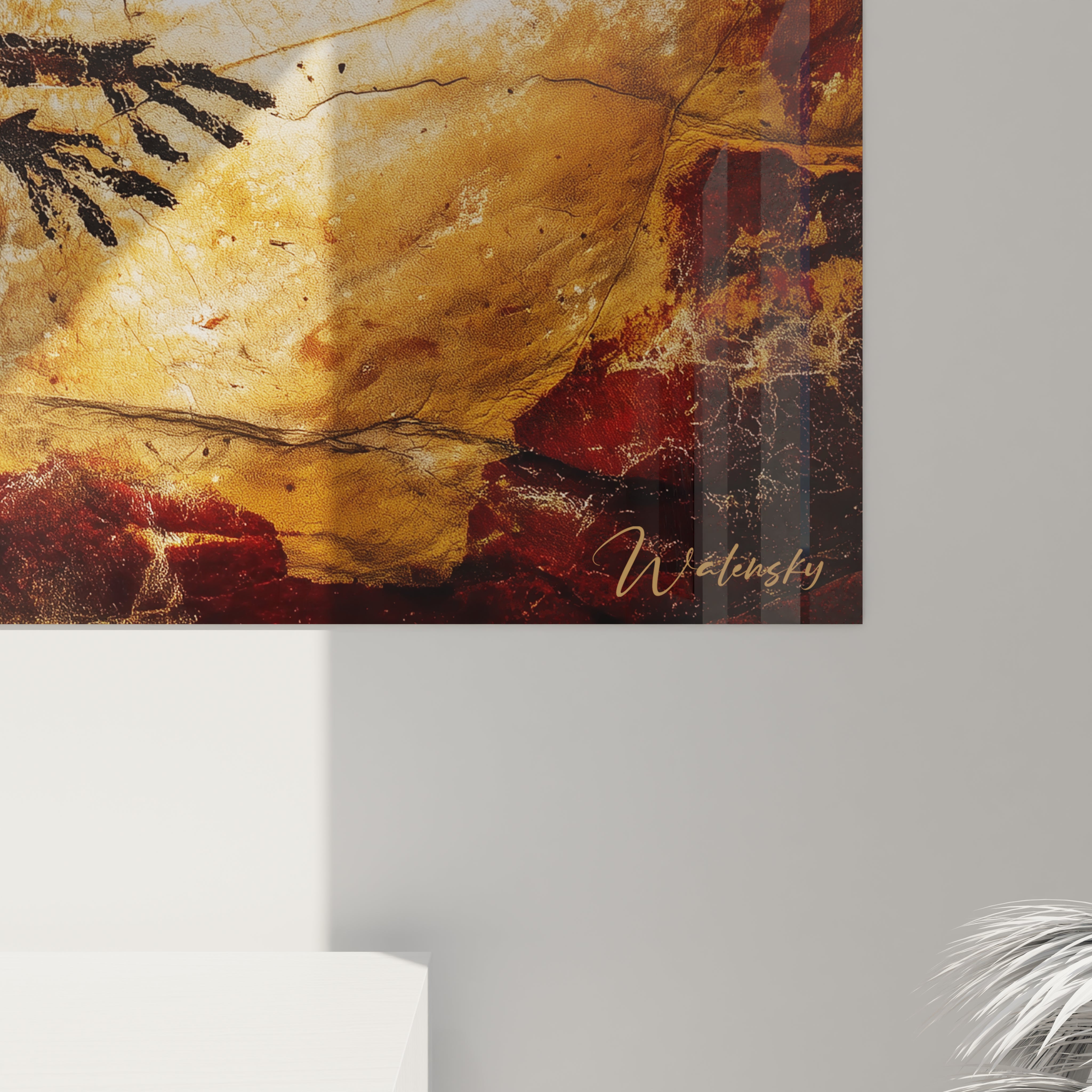 Vue ensemble tableau mural fresque préhistorique dinosaure rouge, art pariétal décoratif moderne