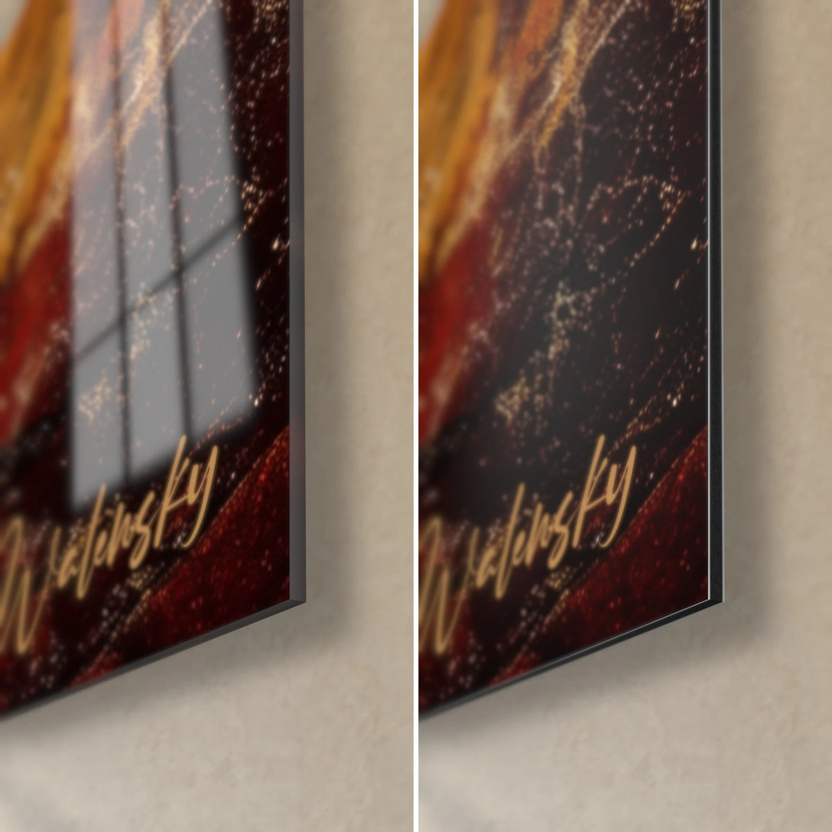 Schilderij Rotstekening met rode dinosaurus, rechtsonder: glanzend glas met reflecties links, mat zwart Dibond rechts