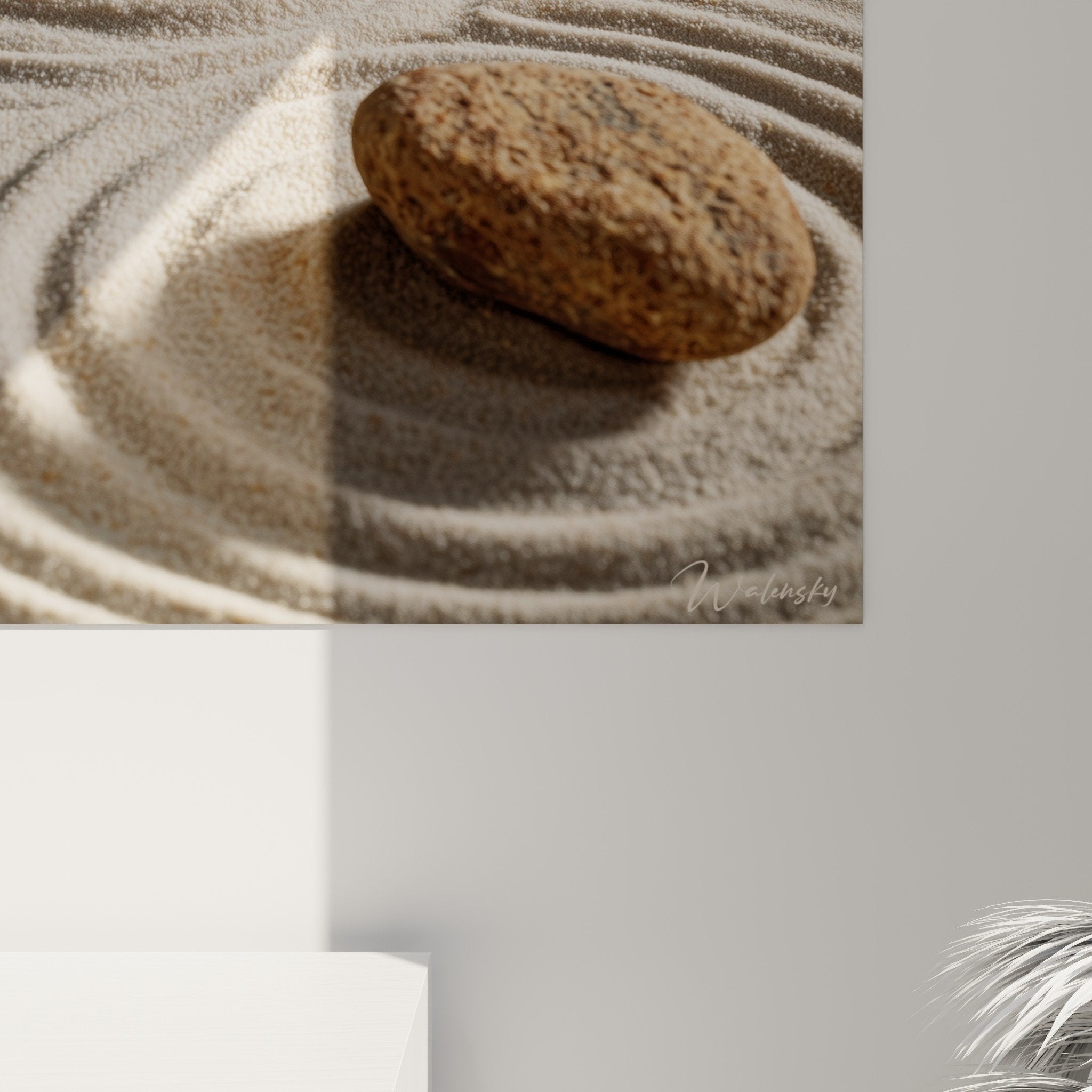Vue ensemble tableau zen plusieurs galets sable ratisse ondulations concentrique decoration murale
