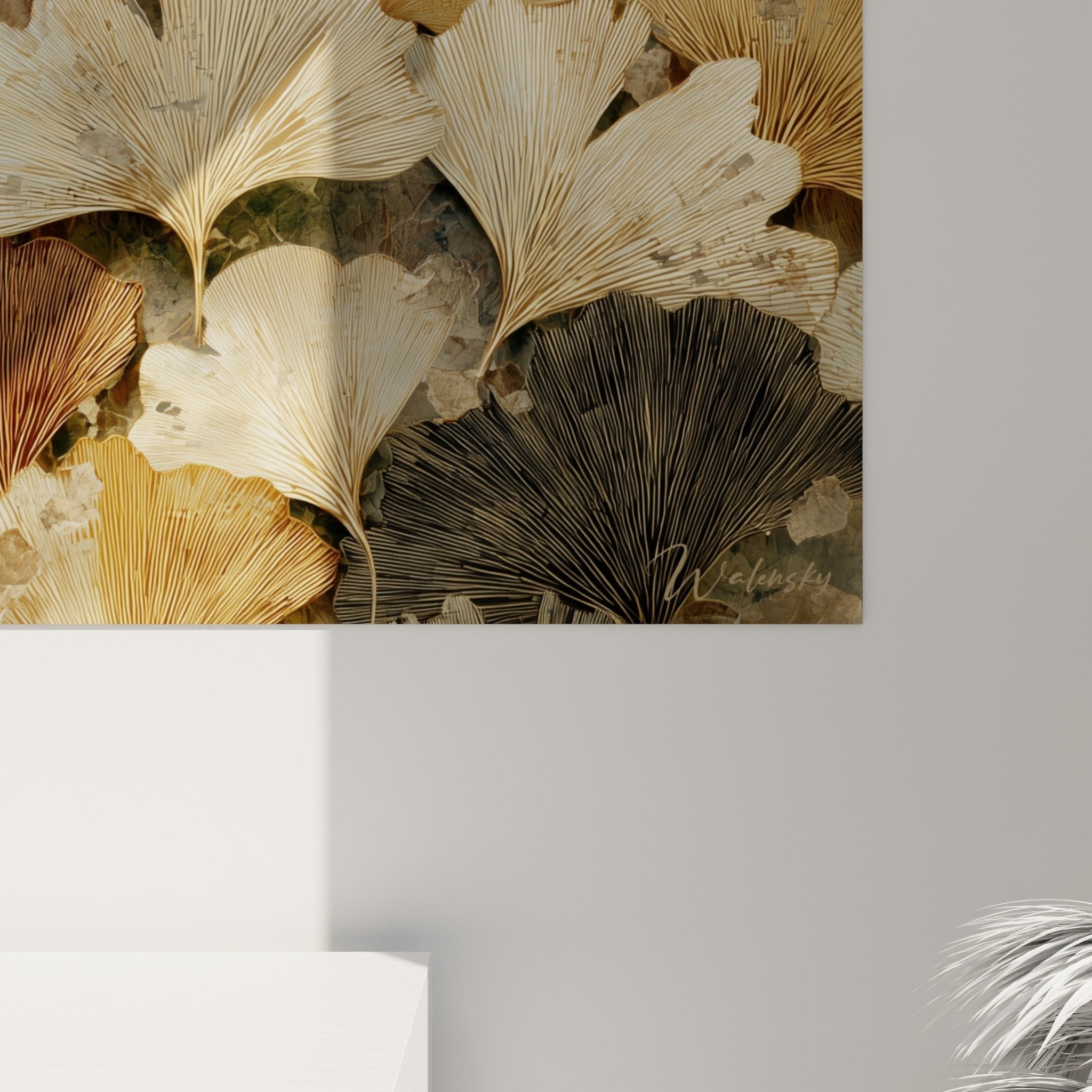 Vue ensemble tableau Ginkgo feuilles dorées composition naturelle superposition harmonieuse tons chauds