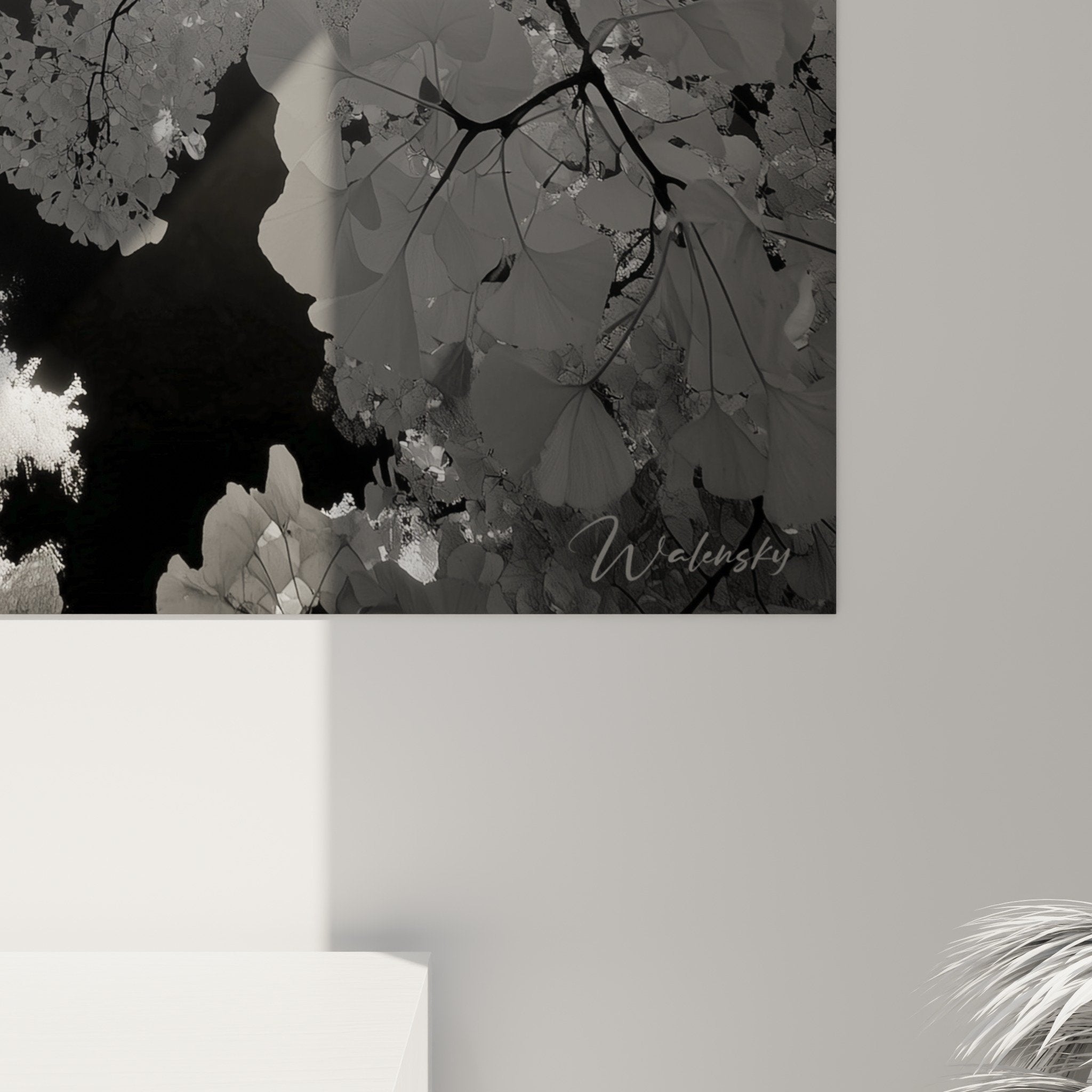 Ensemble decoration murale ginkgo perspective contre-plongee ambiance contemporaine salon moderne