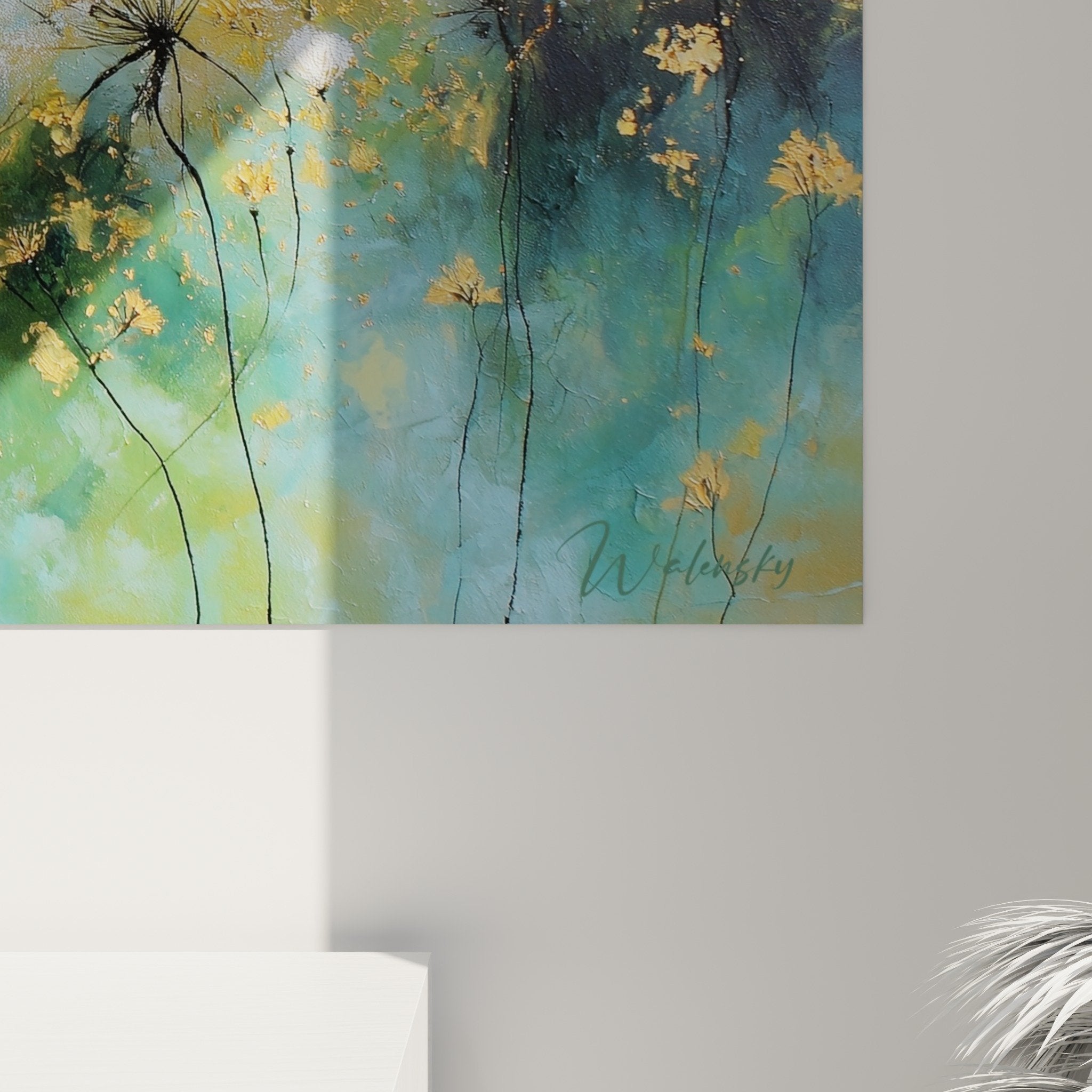 Vue d'ensemble tableau graminées blanches - Composition florale moderne turquoise ocre décorative