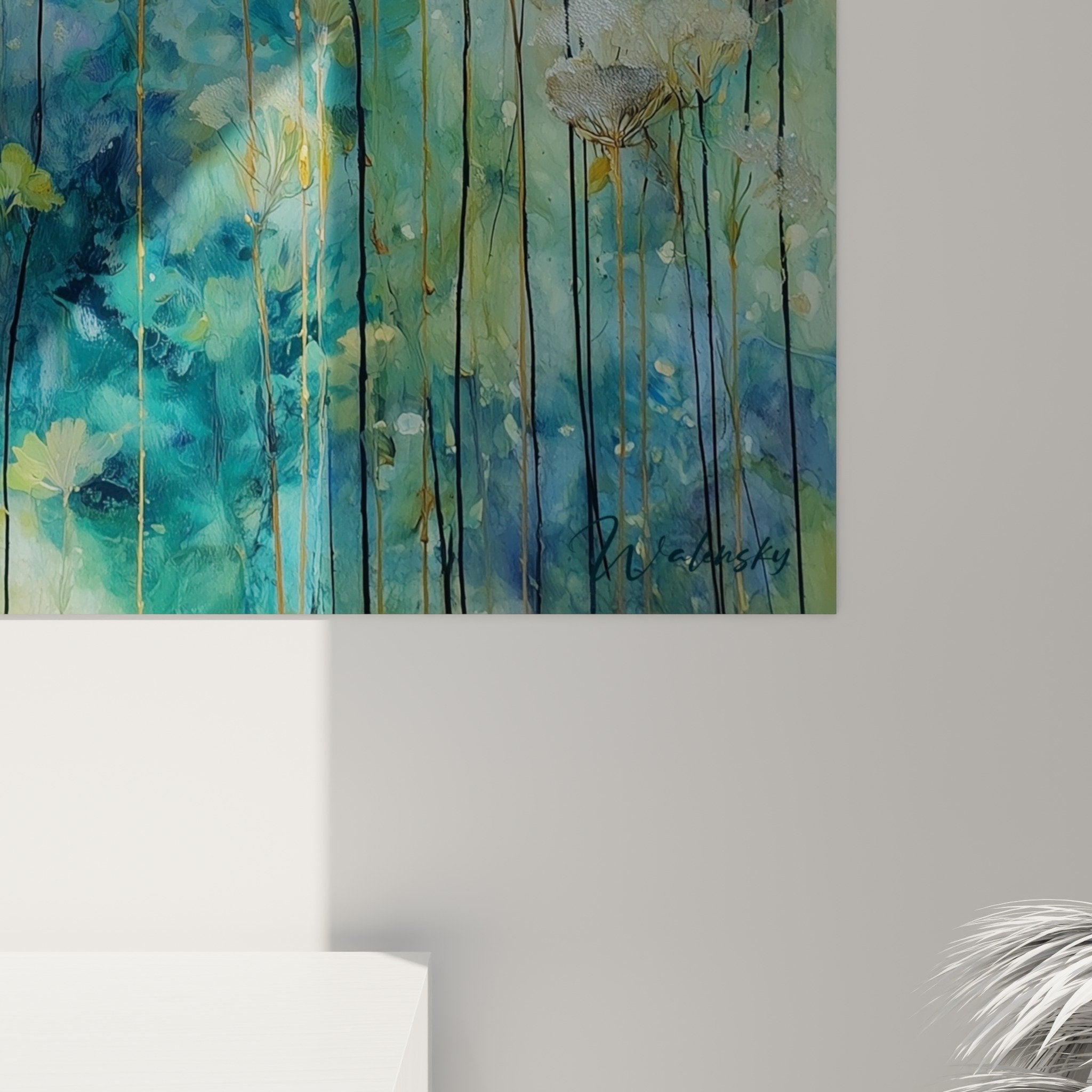 Vue ensemble tableau graminées brume dorée turquoise décoration murale nature aquarelle artistique