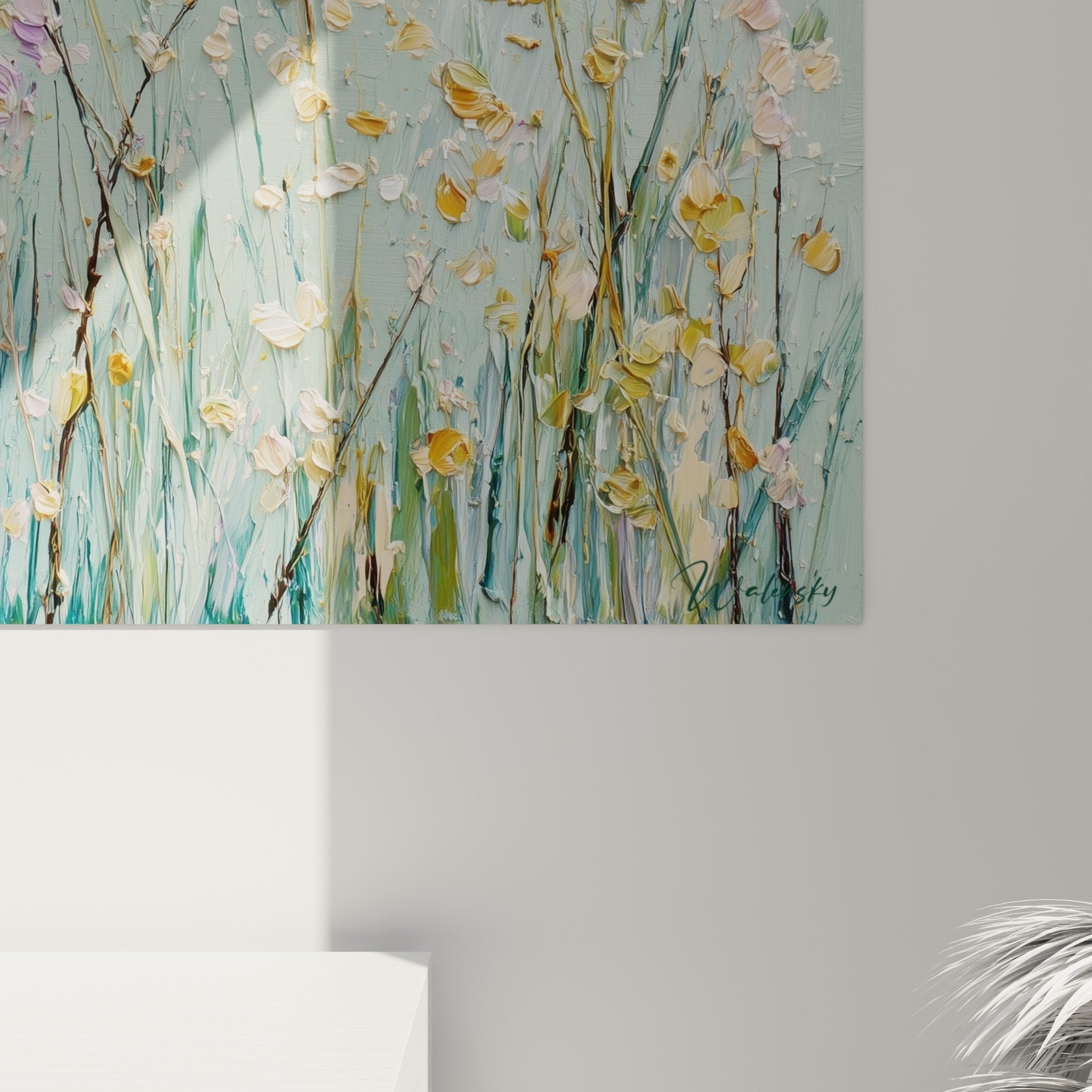 Vue ensemble tableau graminées sauvages composition verticale tons aqua céladon touches violettes prairie poétique