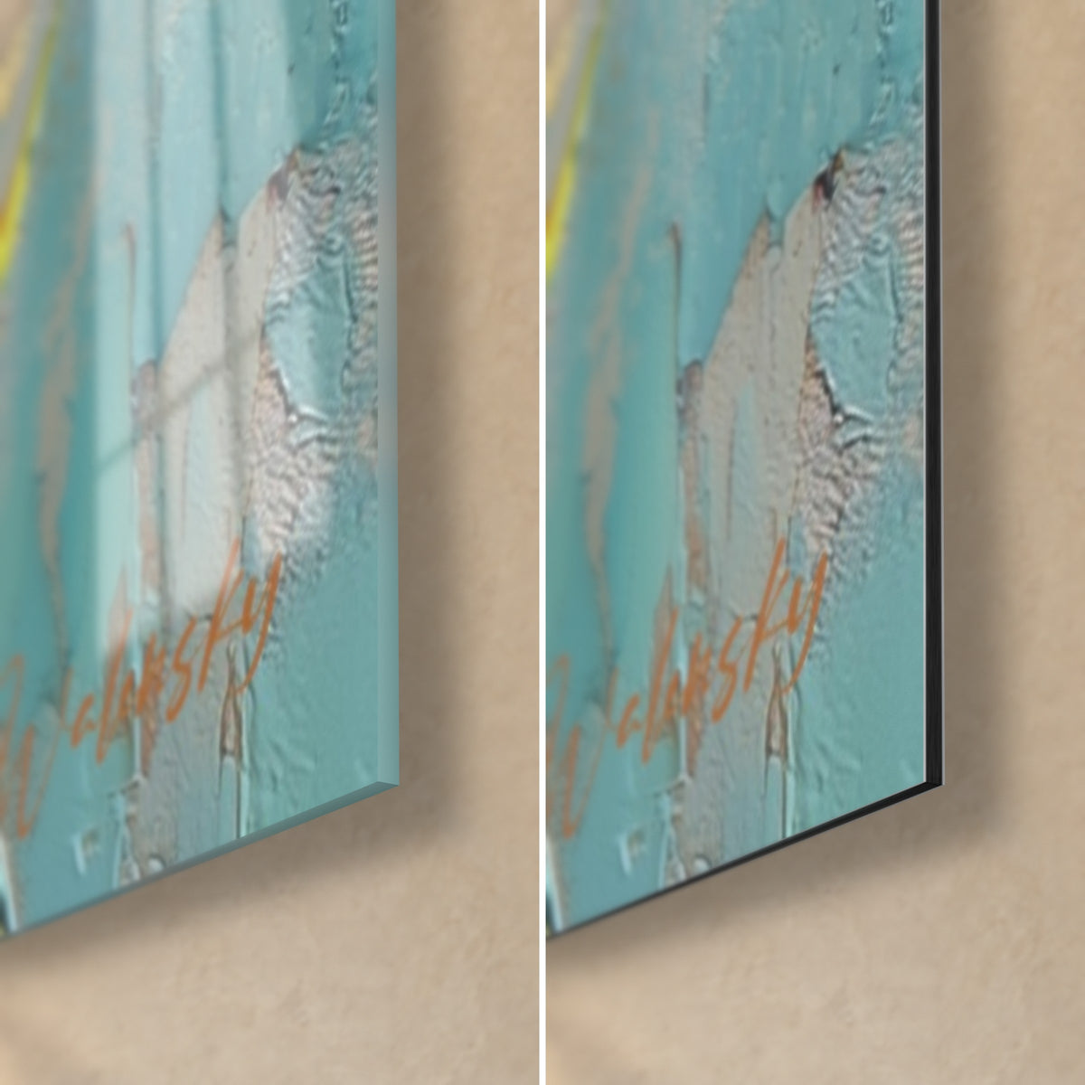 Quadro erbe fiorite in rilievo, angolo in basso a destra: vetro acrilico lucido con riflessi turchesi e alluminio Dibond opaco, spessore 3 mm