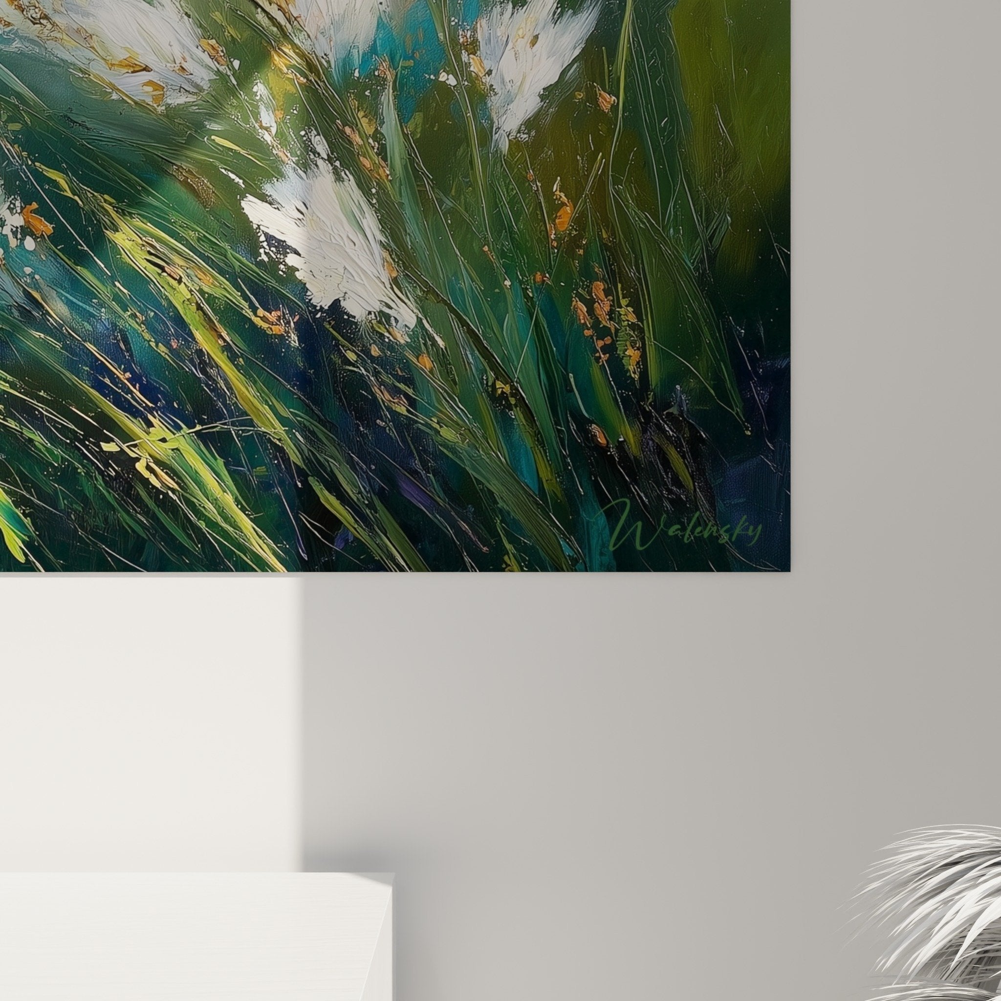 Vue éloignée tableau graminées panoramique salon déco murale turquoise blanc doré herbes dansantes nature contemporaine