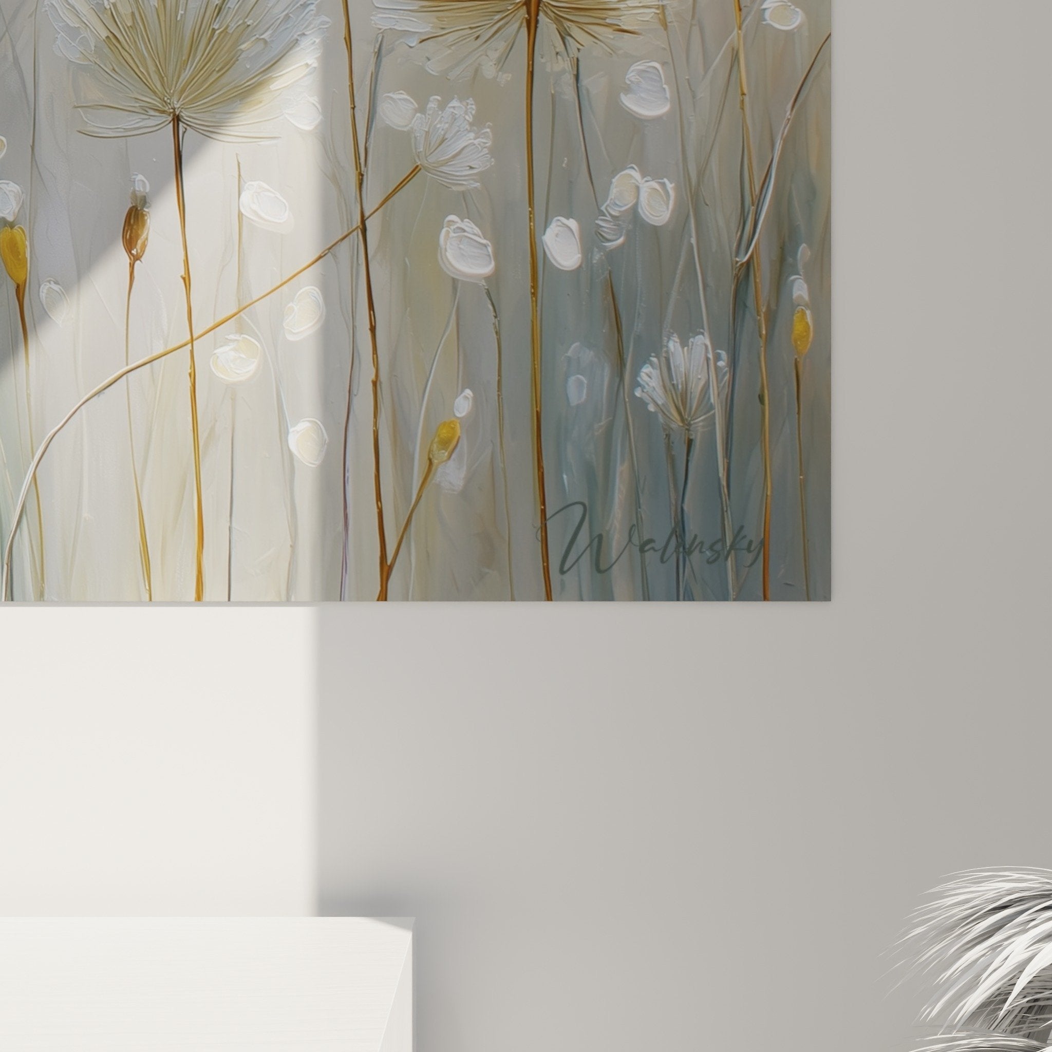 Overview stylized grasses artwork golden white grey tones for contemporary interior
