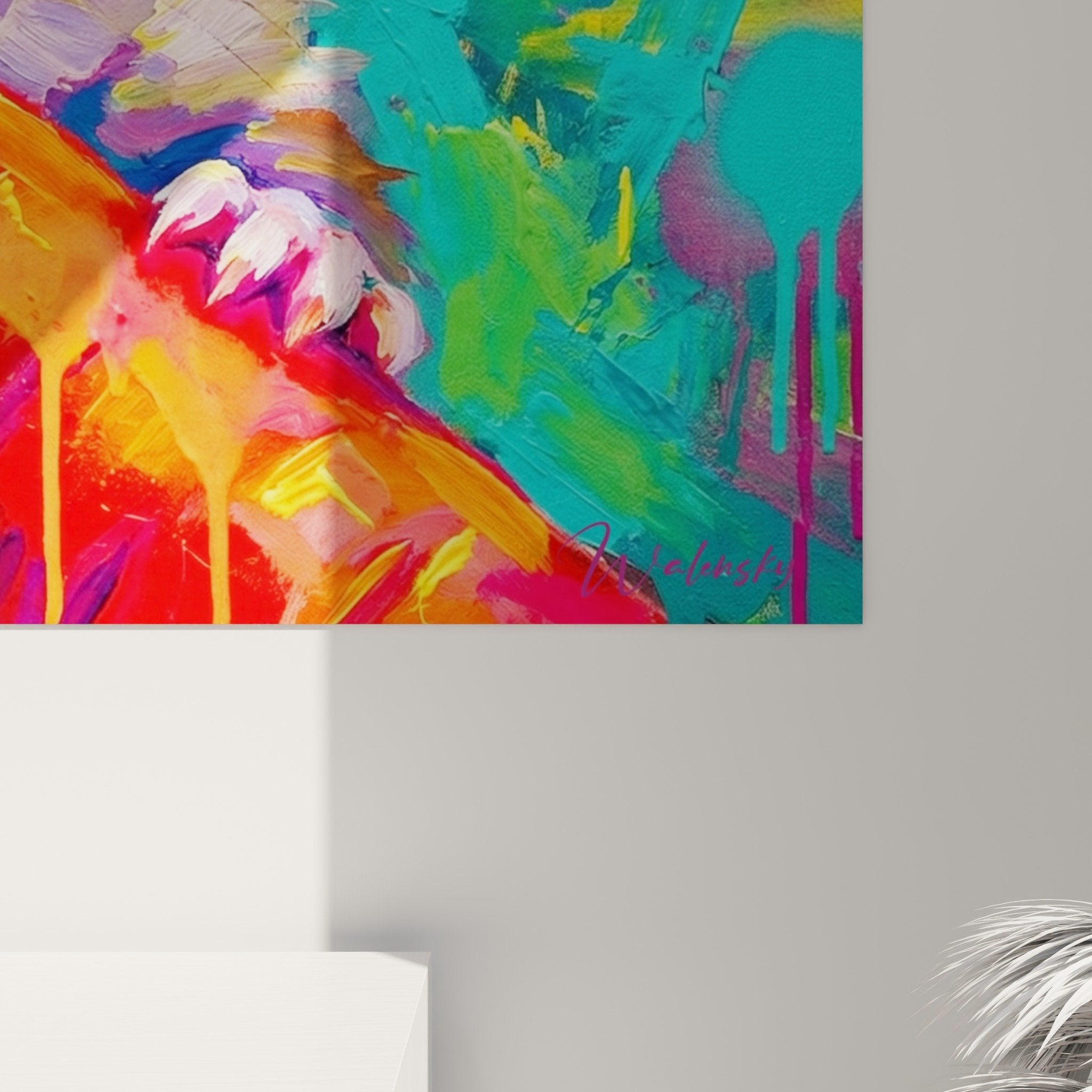 Gesamtansicht Hamster-Gemälde mit rotem Apfel farbenfrohe Pop-Art-Innendekoration