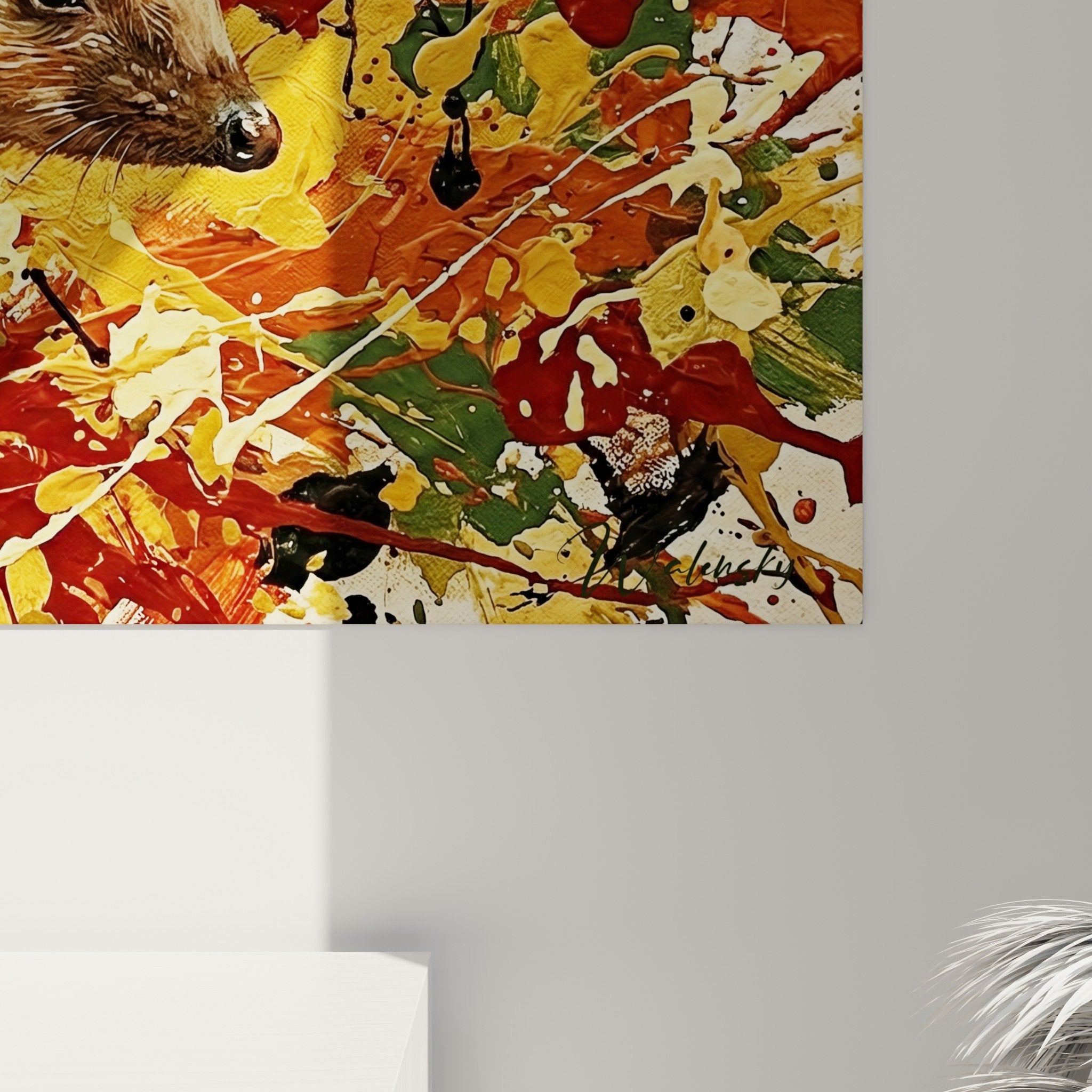 Übersichtsansicht Igel-Kunstwerk zeitgenössische Tierkunst Herbstpalette Rot Ocker Bronze