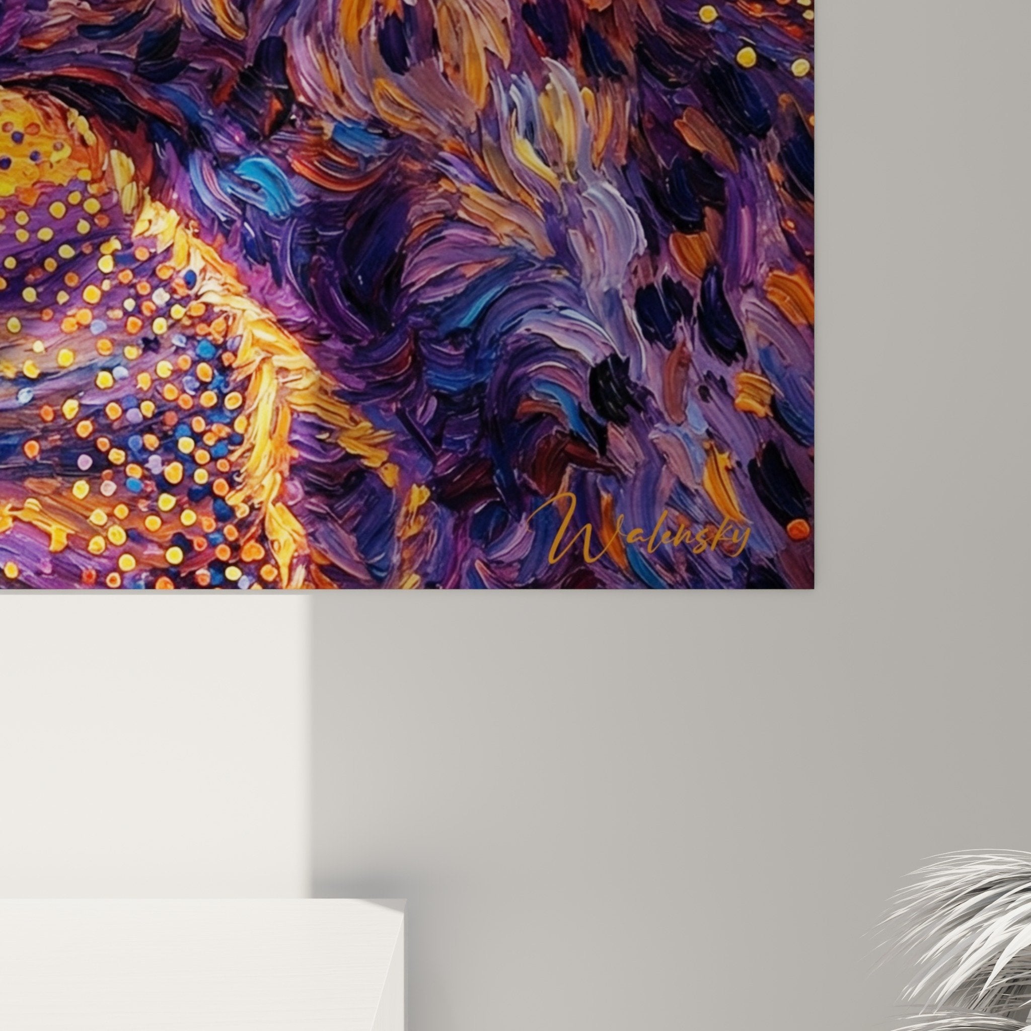 Gemälde umschlungene Hyänen farbige Spiralen violett orange zeitgenössische Wandkunst Wohnzimmerdekoration