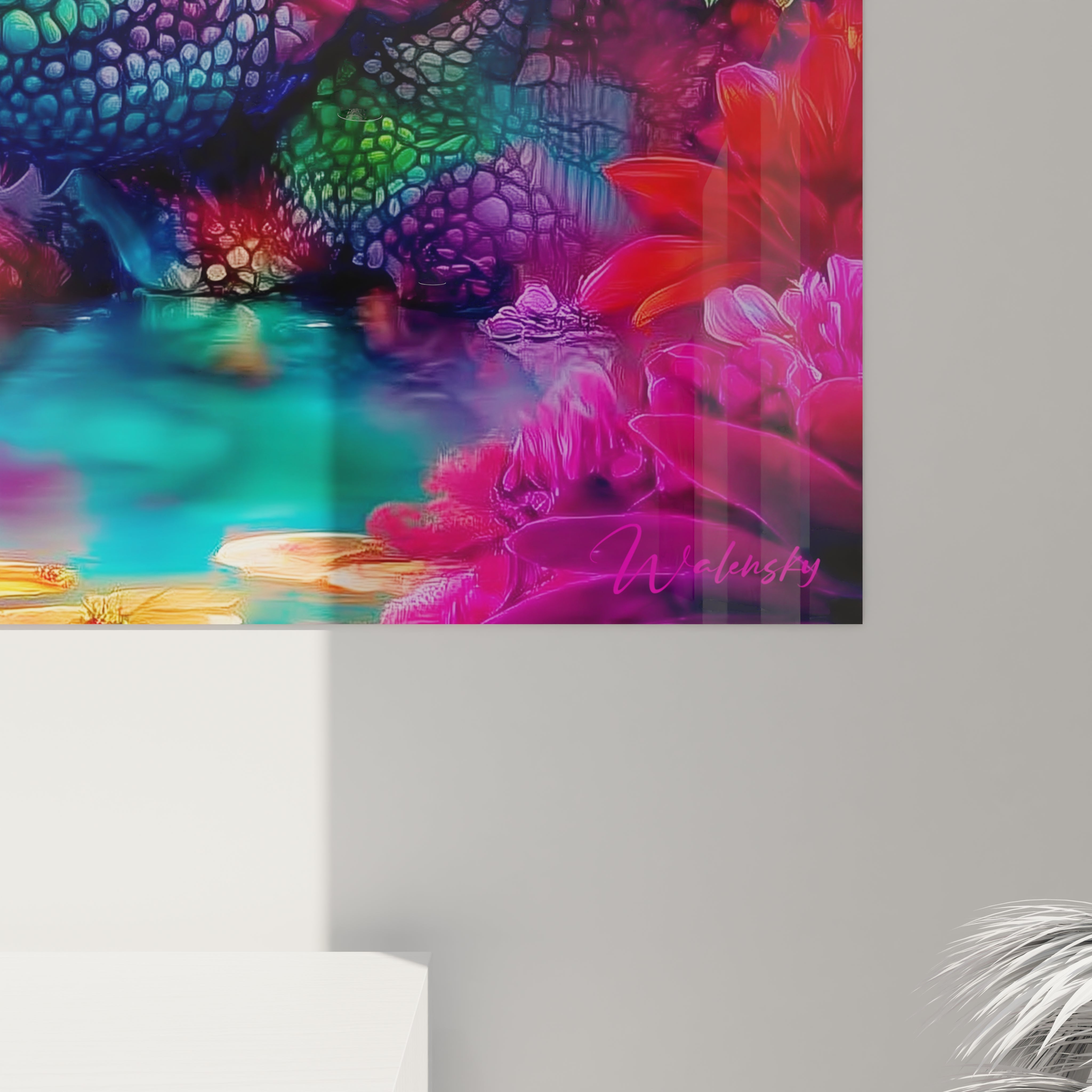 Vue ensemble tableau iguane tropical coloré avec fleurs exotiques et reflets aquatiques - art Scutosaurus