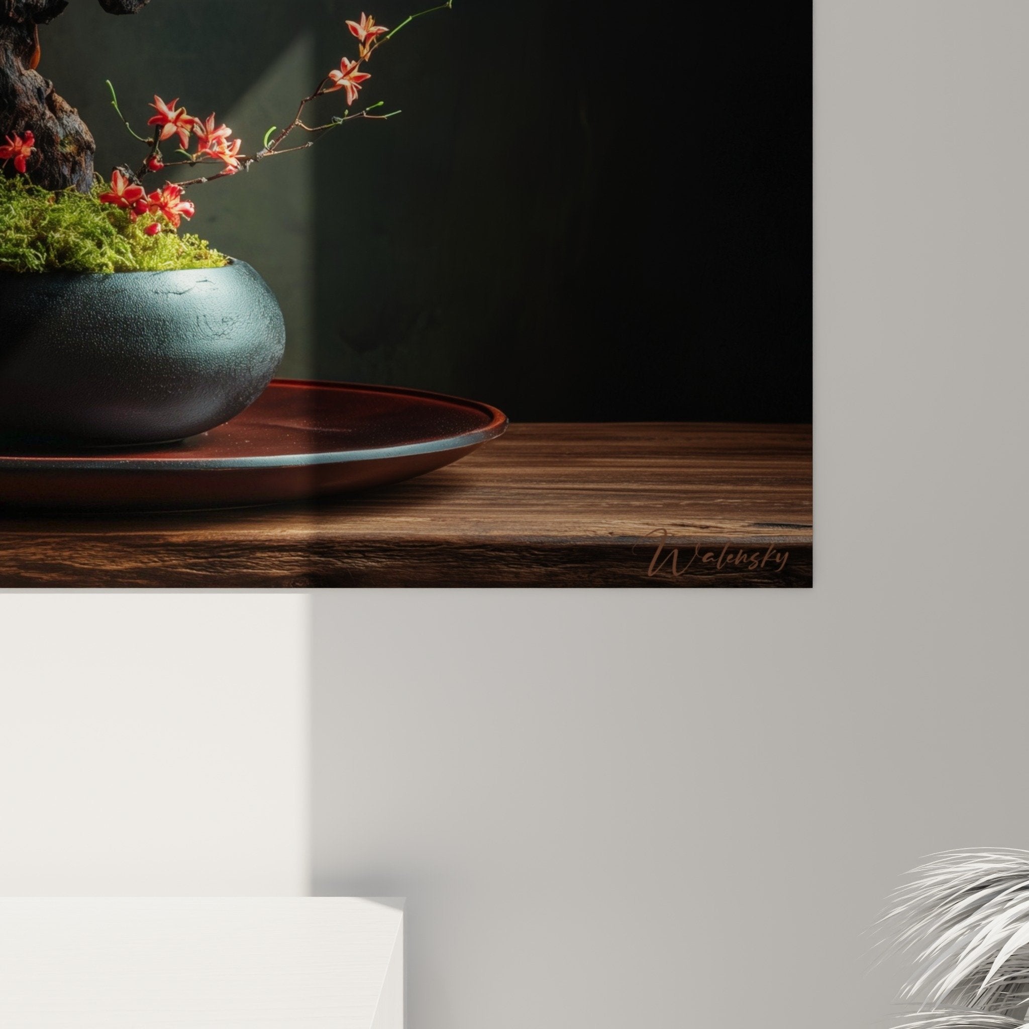 vue ensemble tableau ikebana salon decoration murale composition florale japonaise vase noir plateau bois ambiance zen
