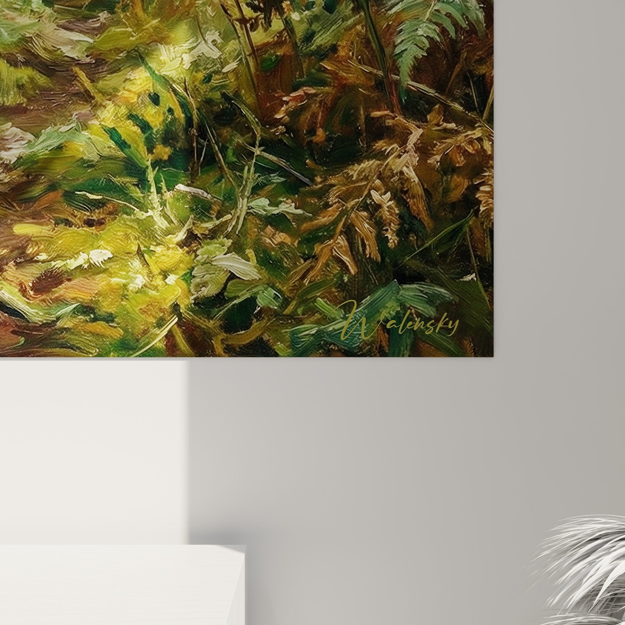 Vue d'ensemble du tableau Irish Wolfhound dans son écrin de fougères, palette terre et végétale