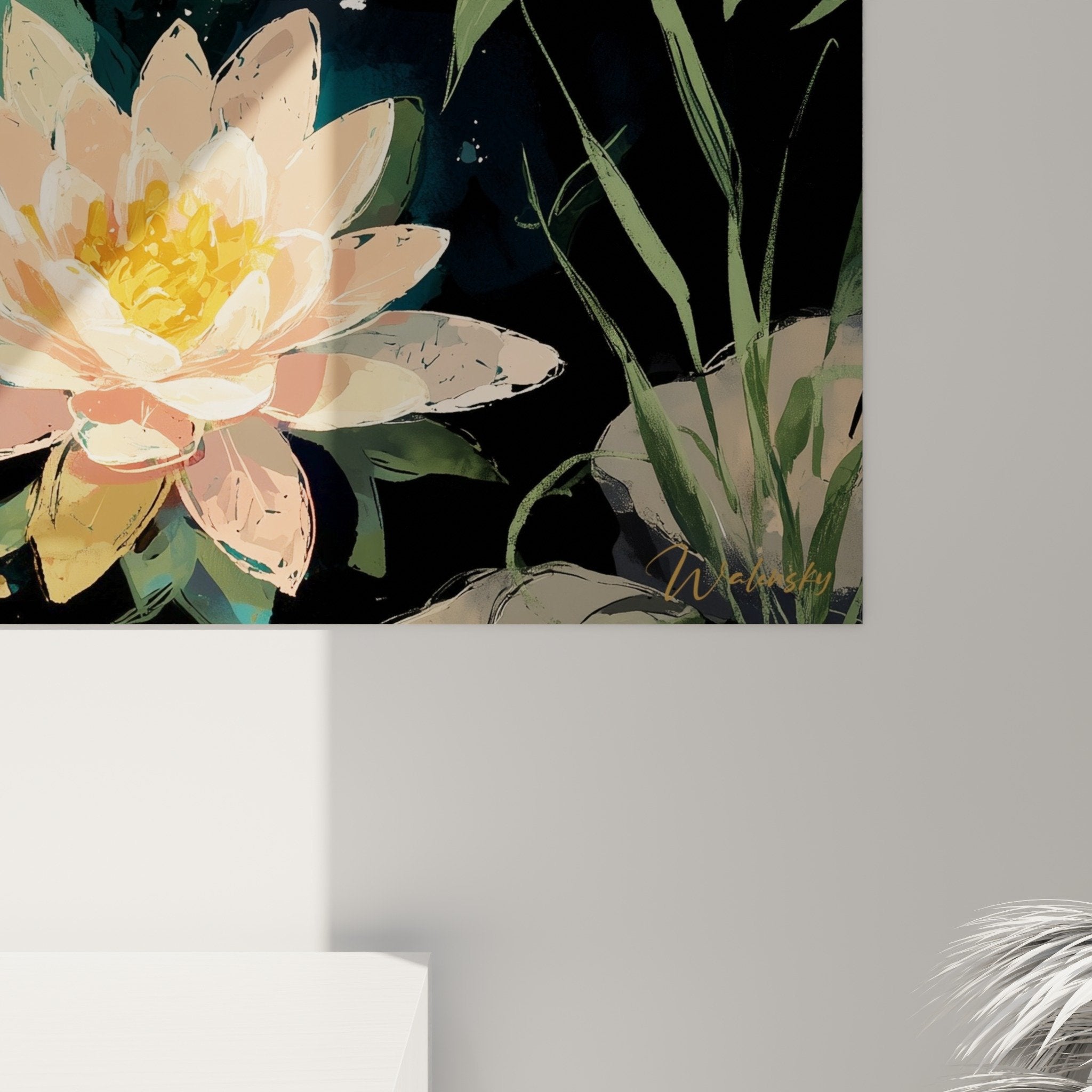 Vue d'ensemble tableau panoramique jardin aquatique nocturne avec nénuphars roses sur fond turquoise étoilé