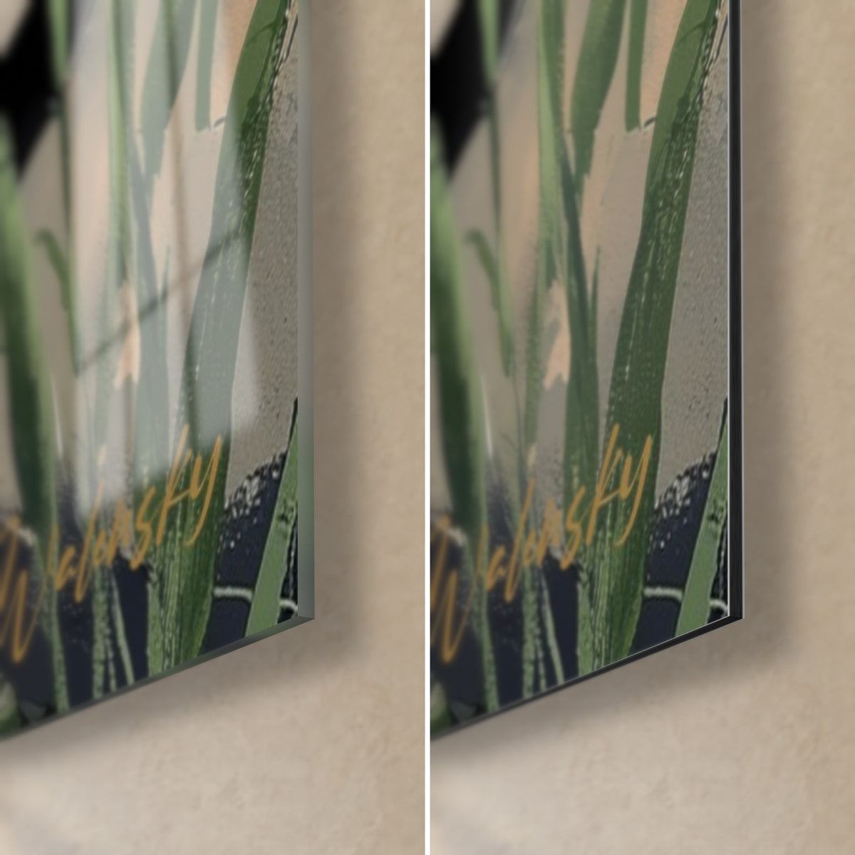 Gemälde Wasserblumen und grünes Schilf, untere rechte Ecke: glänzendes Acrylglas links, mattgraues Dibond rechts, 3 mm Stärke