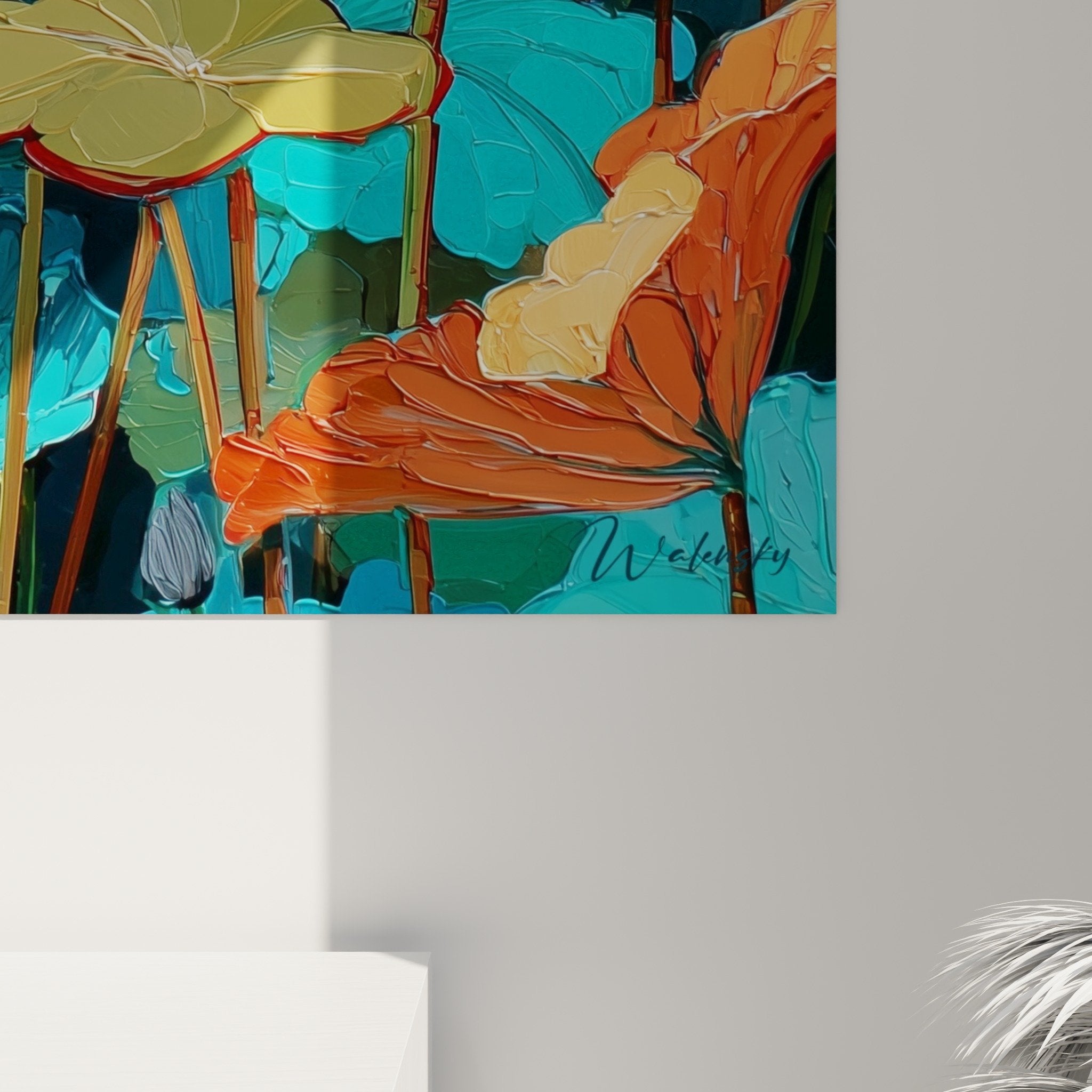 Overview of water garden painting with multicolored water lilies modern interior decoration