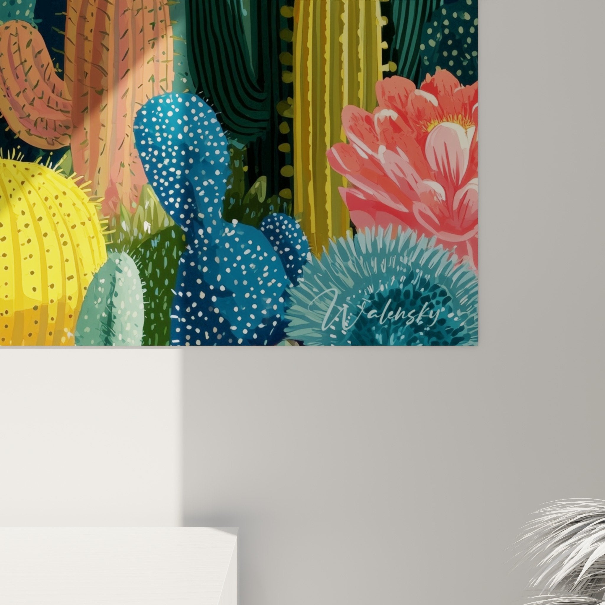 Vue d'ensemble tableau cactus jardin désertique coloré style artistique cubisme