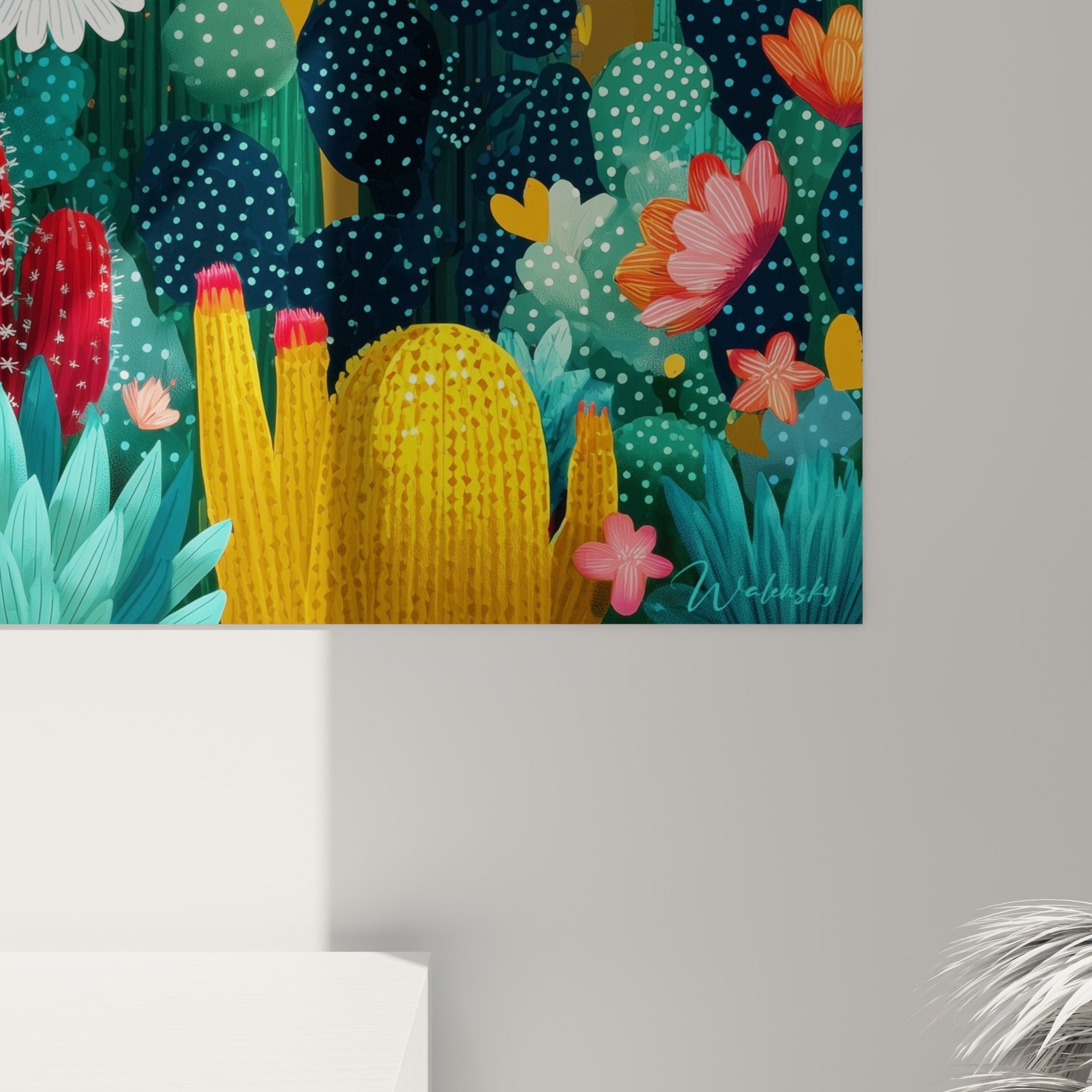 Übersicht Wüstengarten-Gemälde Kubismus, mehrfarbige Kakteen und Blumen auf goldenem Hintergrund