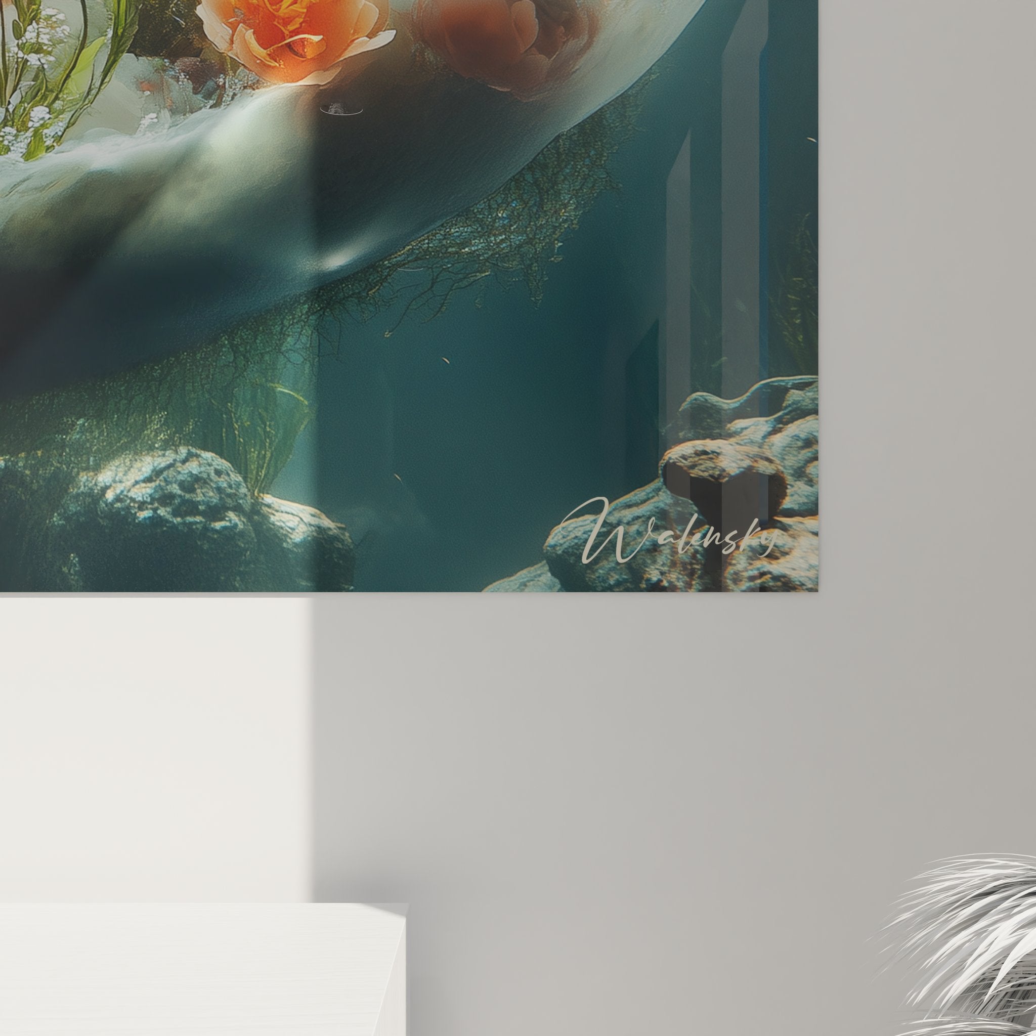 Vue d'ensemble tableau jardin fleuri underwater avec composition florale dans environnement marin