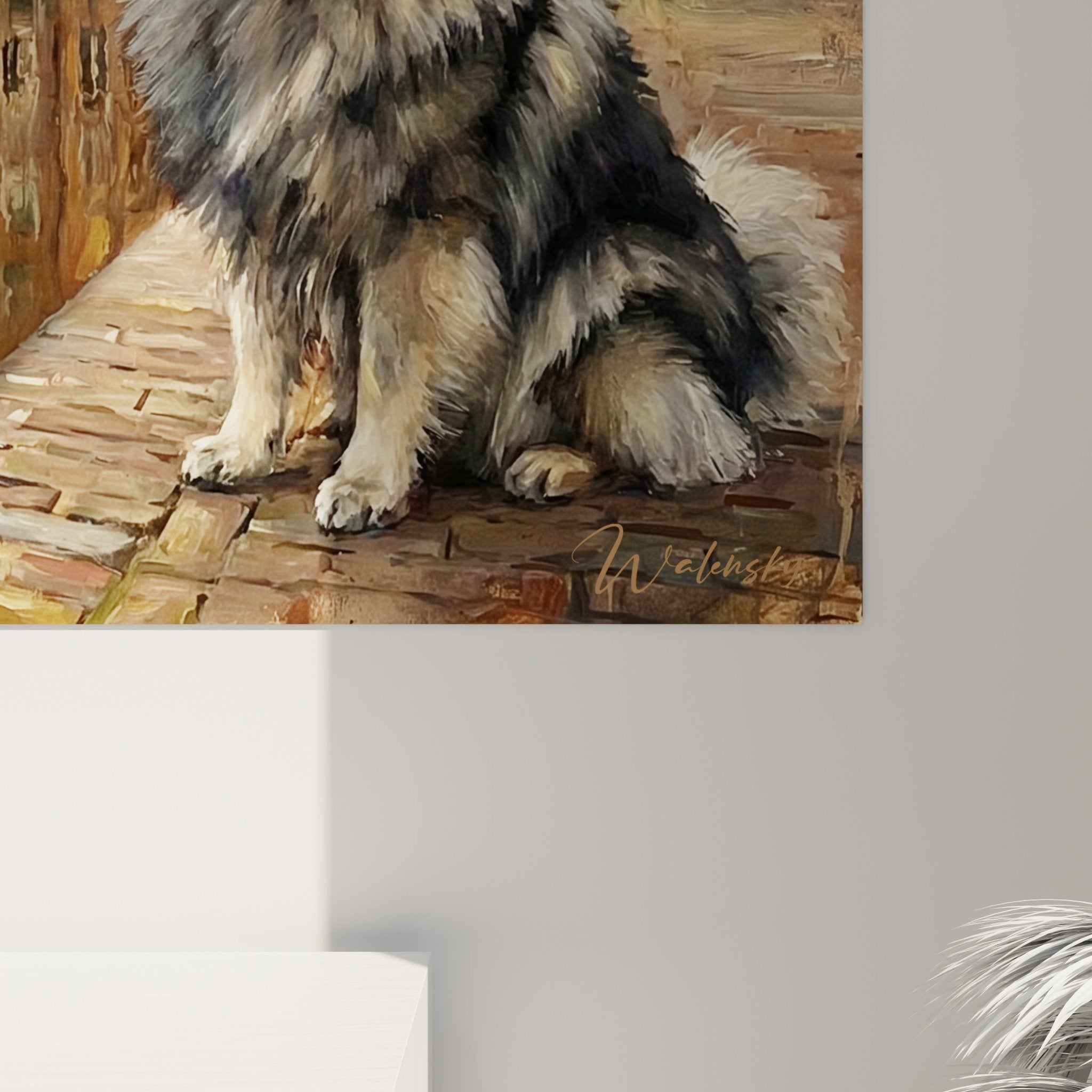 Vue d'ensemble tableau Keeshond quai Amsterdam avec architecture colorée et reflets dans l'eau du canal