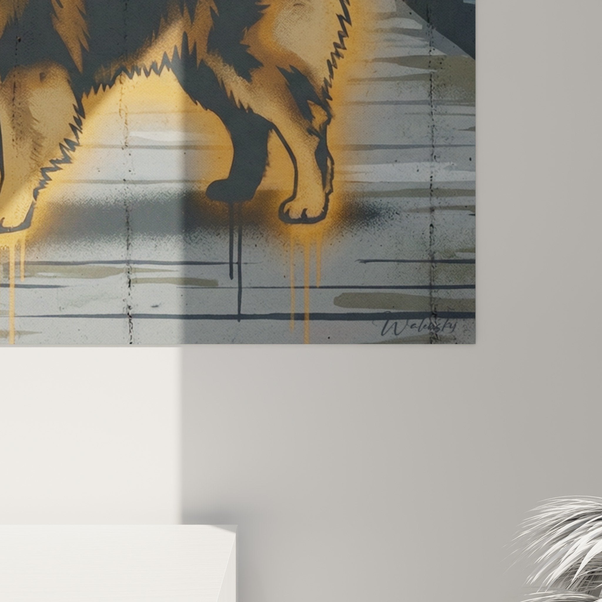 Übersichtsansicht Keeshond urbanes Nachtgemälde goldene blaue graue Farbpalette zeitgenössische Kunst
