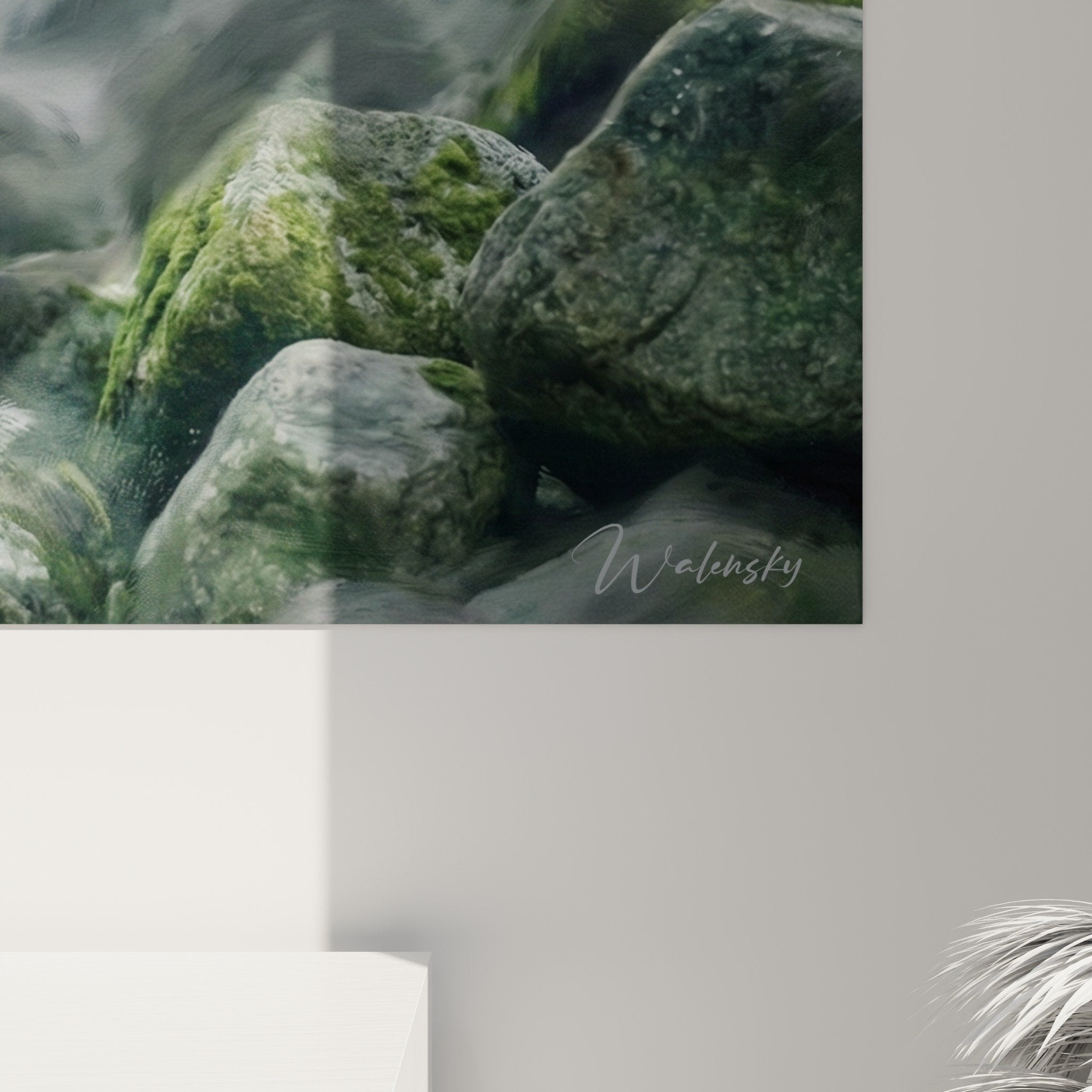Overall view Landseer storm rocky moss mist wall art modern living room decoration