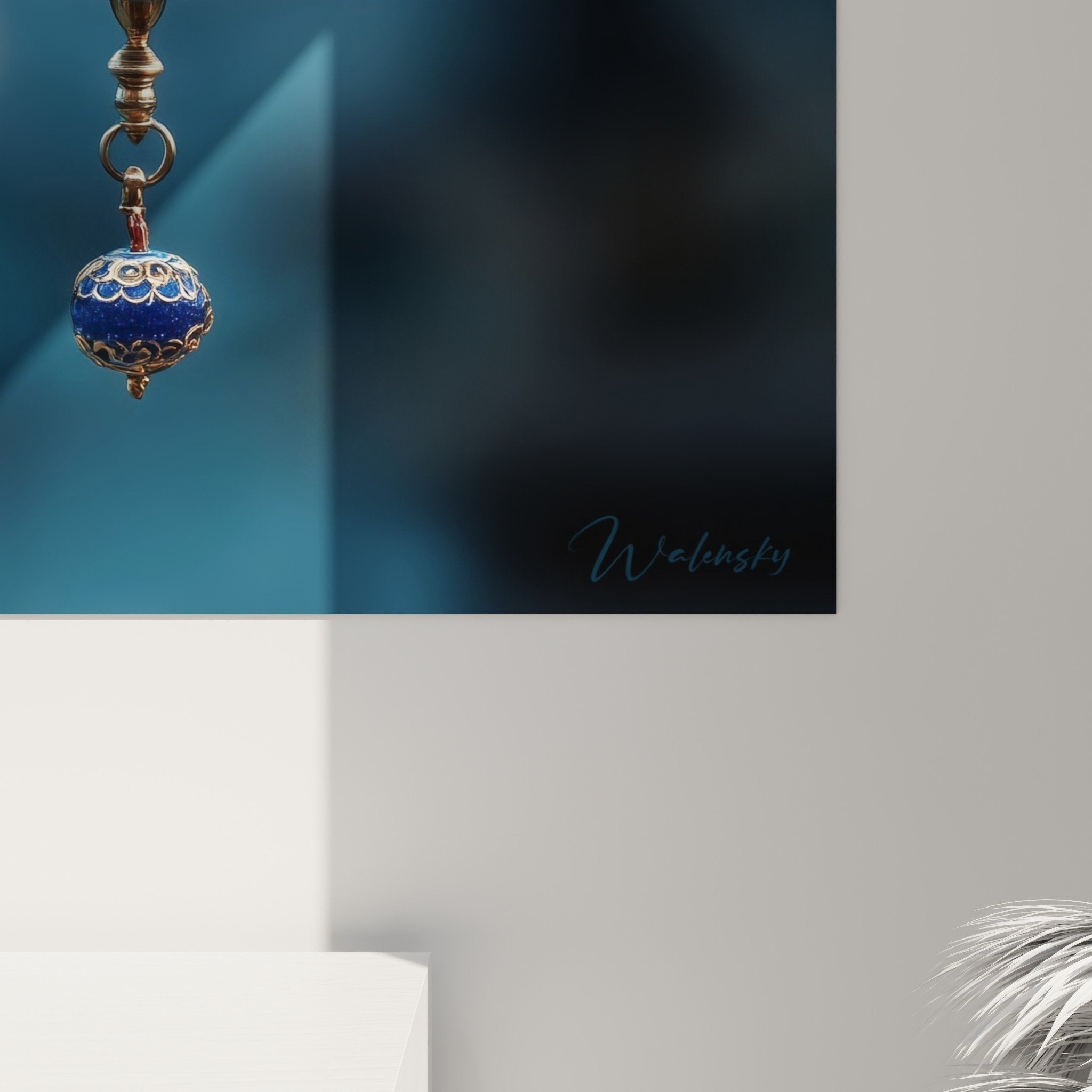 Overview of oriental lantern wall art in contemporary living room with cherry blossoms and serene ambiance