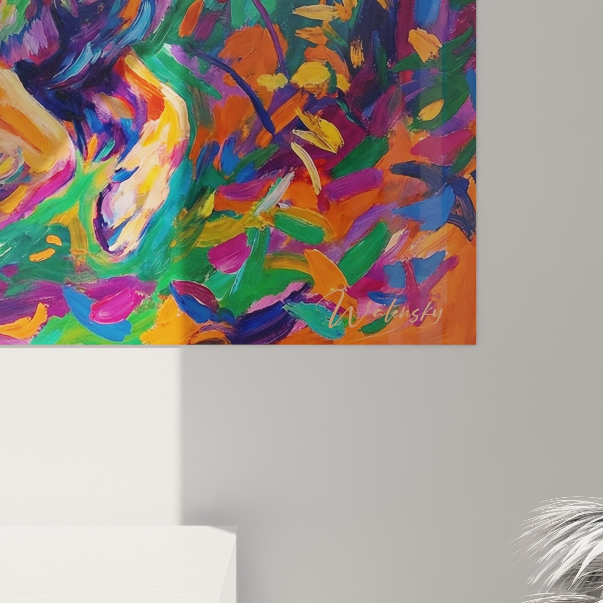 Gesamtansicht Leonberger Hunde Gemälde zeitgenössische Kunst leuchtende Farben in modernem Interieur