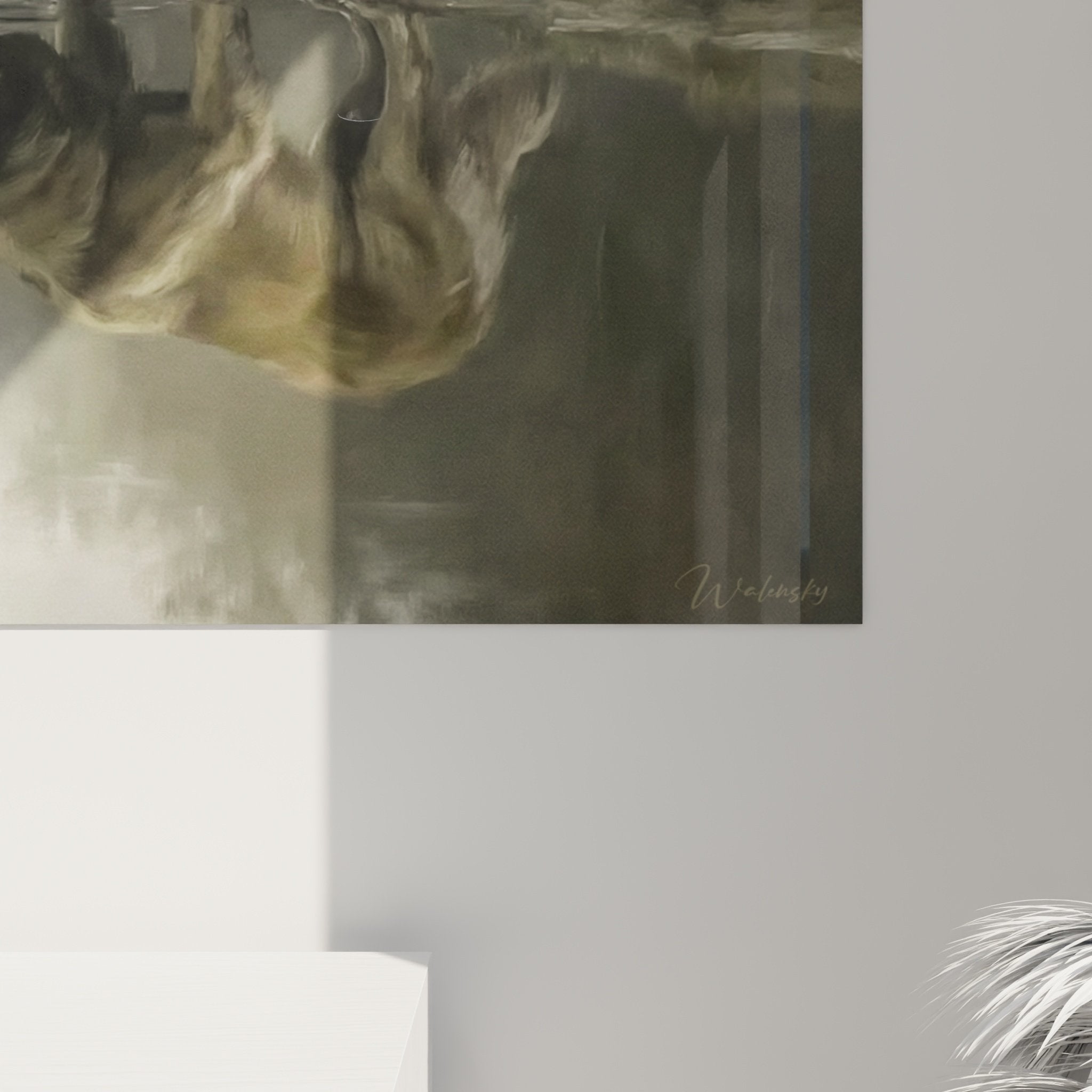 Vue d'ensemble œuvre Leonberg buvant, composition symétrique avec reflet, palette tons sépia et beige