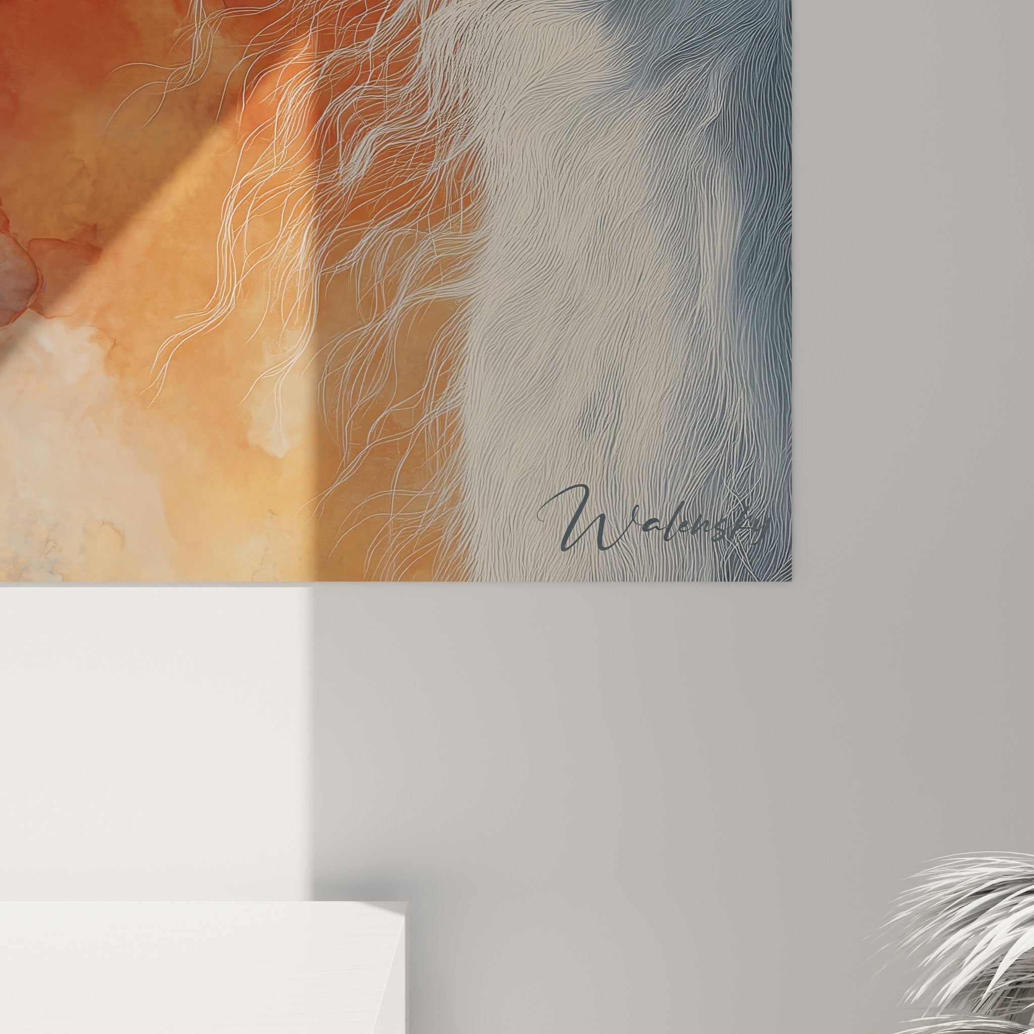 Vue d'ensemble œuvre lévrier contemplatif, composition bleu-orange, style artistique contemporain