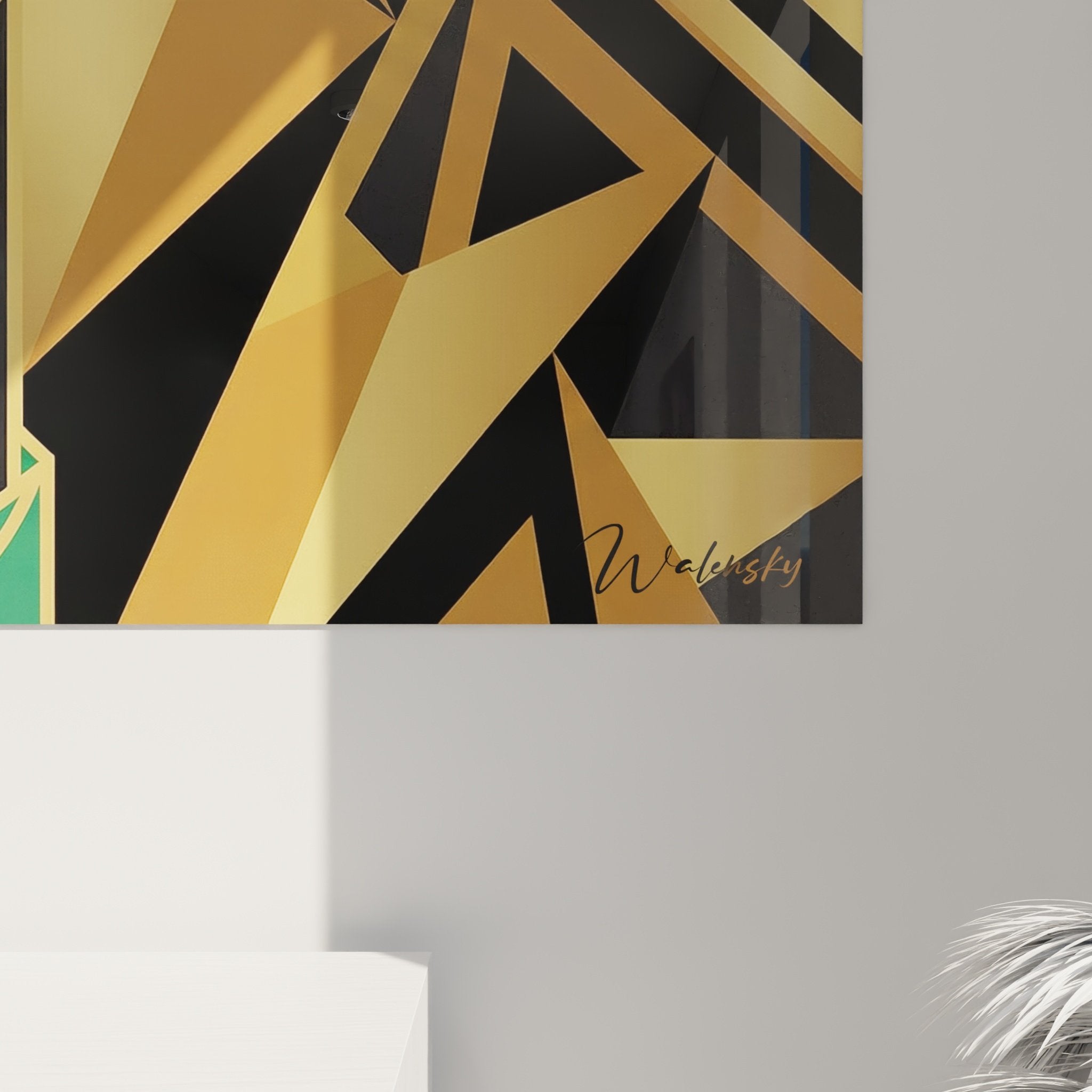 Vue ensemble tableau lévrier greyhound géométrique doré dans intérieur moderne décoration murale art déco chic